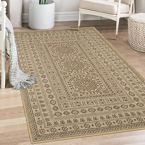 Miniatura 1 de Lahome Tapete con diseño de mandala fácil de yute, de 3 x 5 pies, para dormitorio, ultra delgado, natural, antideslizante, lavable, tapete pequeño