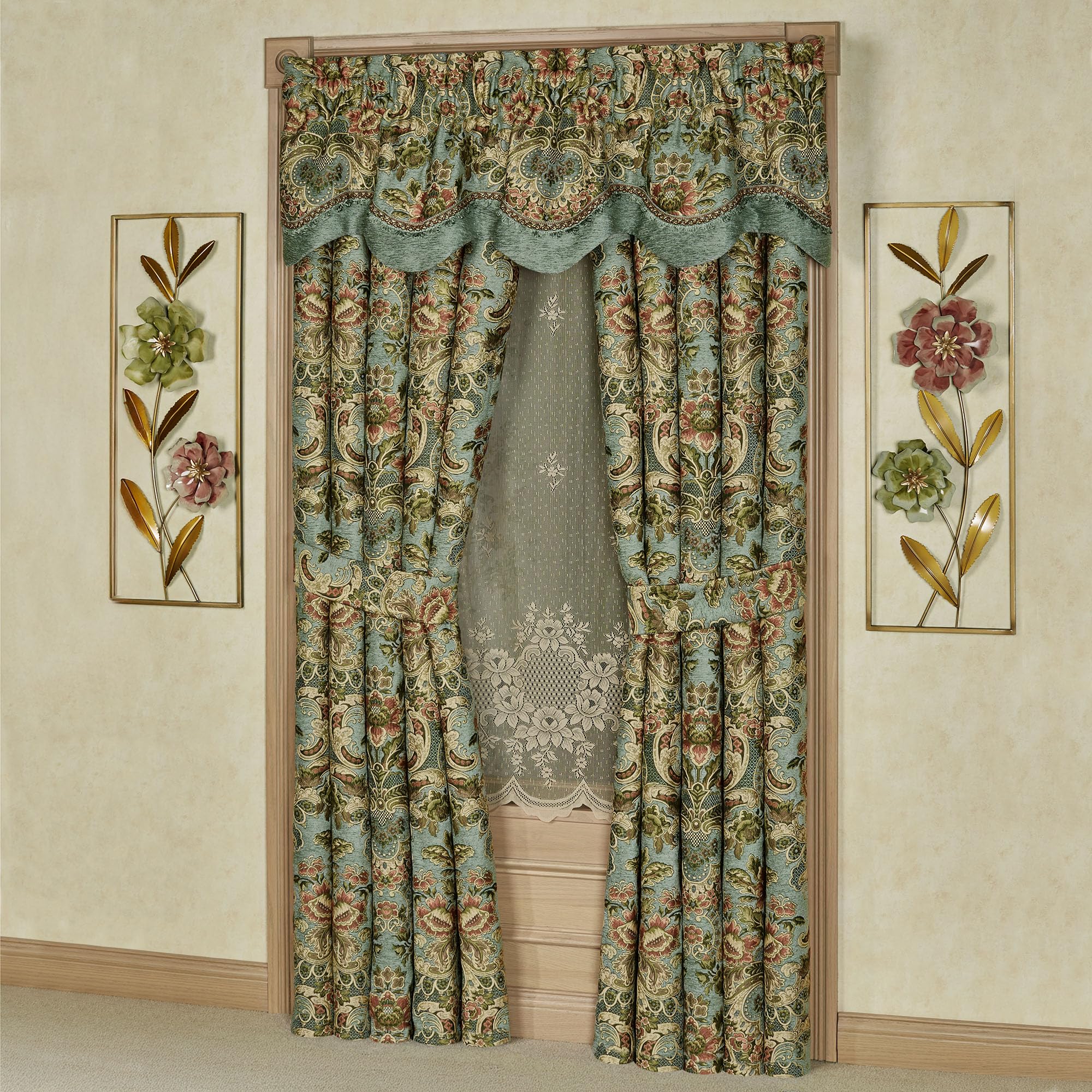Calais Chateau Traditional Luxury Window Treatments | Soft Teal Chenille | Colorful Pastel Woven Classic Jacobean Floral Blooms | Lined, Wide Drapery Set Includes Scalloped Valance & 84L Curtain Pair