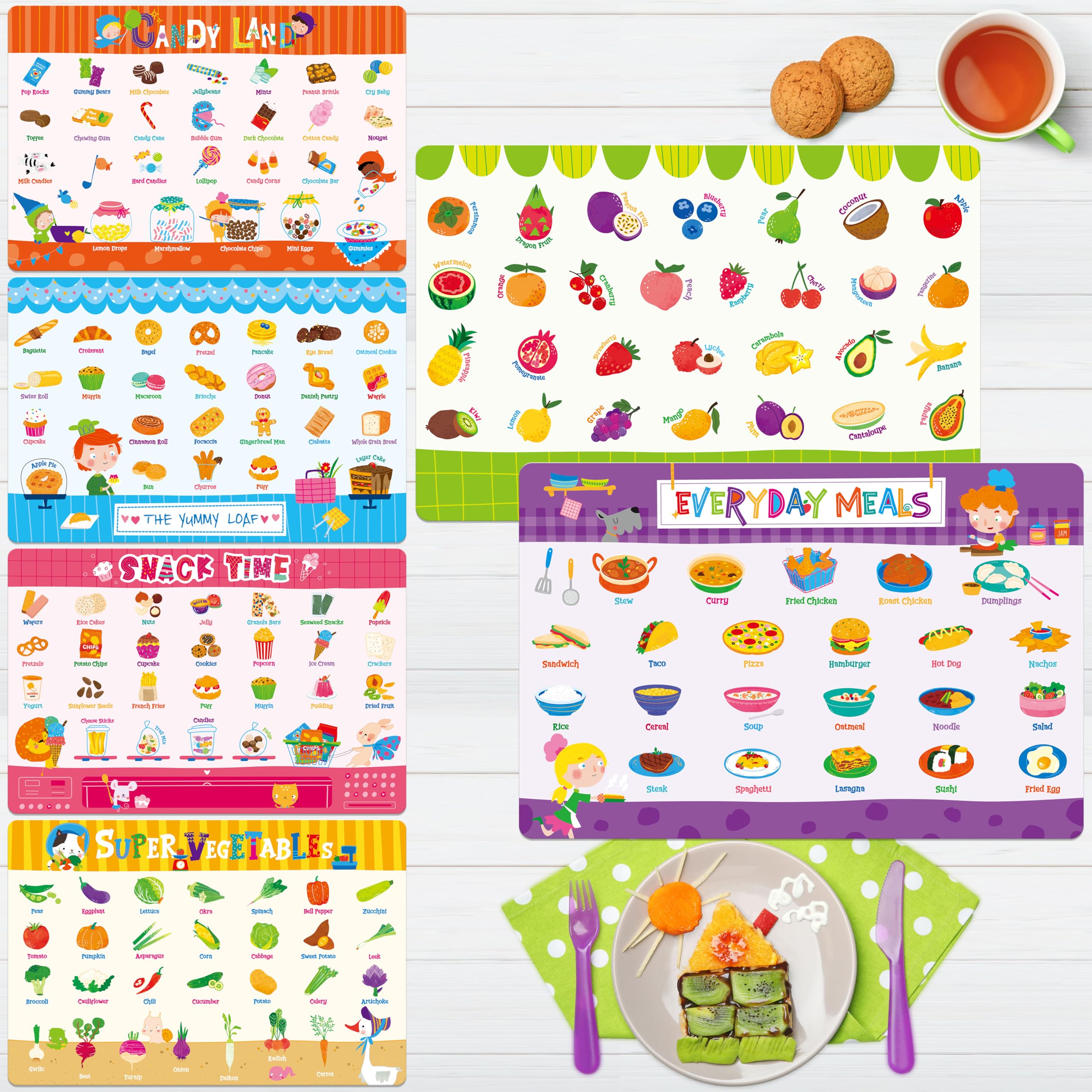 Set de table enfant lavable et antidérapant en lot de 6 napperons éducatifs fruits
