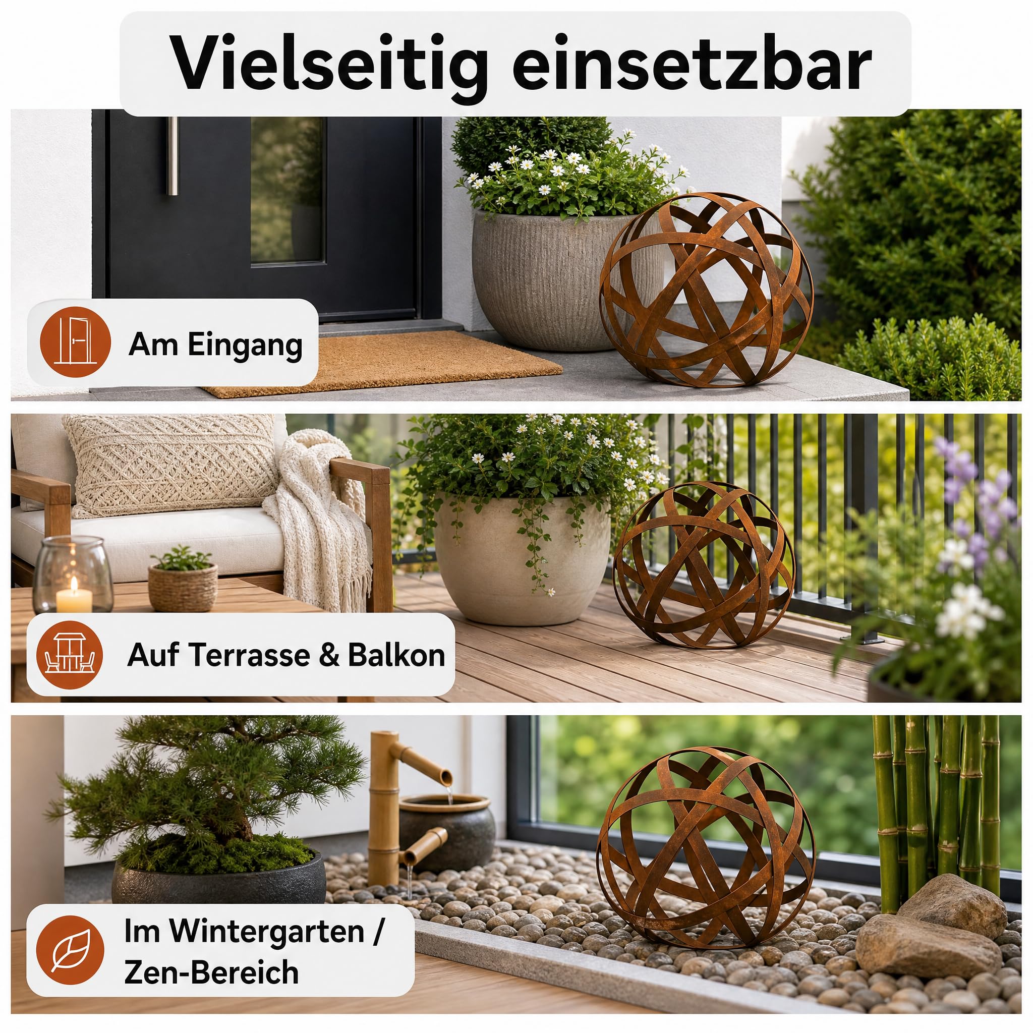 Gartendeko für draußen wetterfest – Rostdeko Kugel aus Metall in Edelrostoptik, offenes Streifen-Design, Ø 30 cm, Gartenkugel für Garten, Terrasse & Balkon
