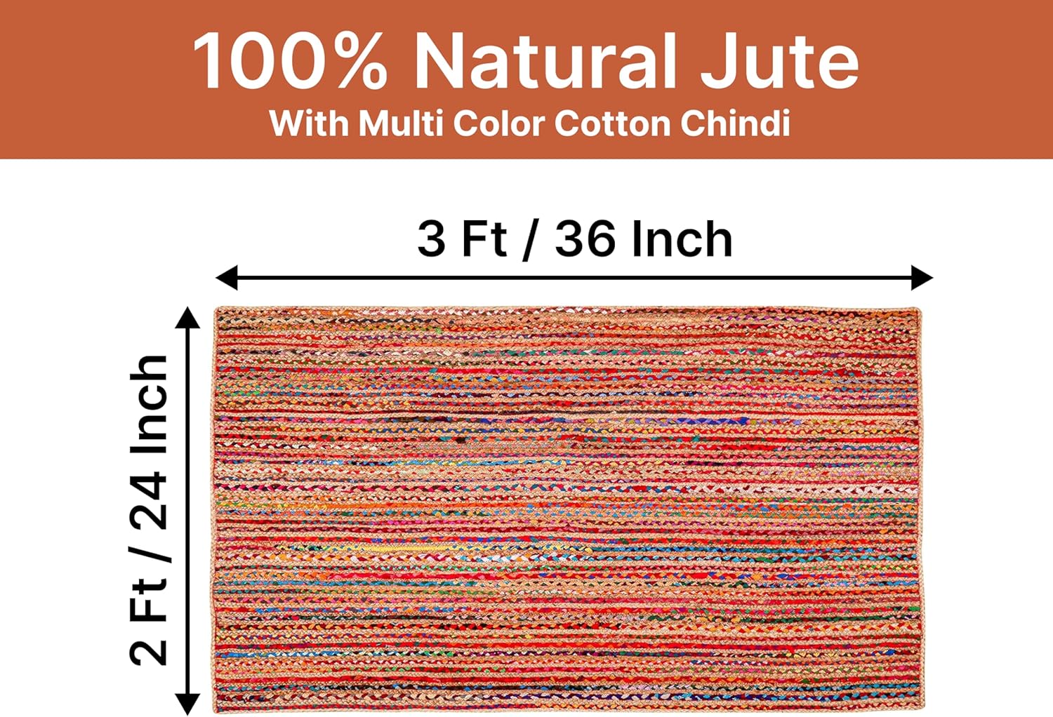 MDS Pack of 1 Handwoven Braided Jute Area Rug 2x3 feet Rectangle - 100% Natural Burlap with Multicolor Cotton chindi Reversible Accent Rugs for Home Decor, Living Room, Doormat,Entryway Rug (2'x3')