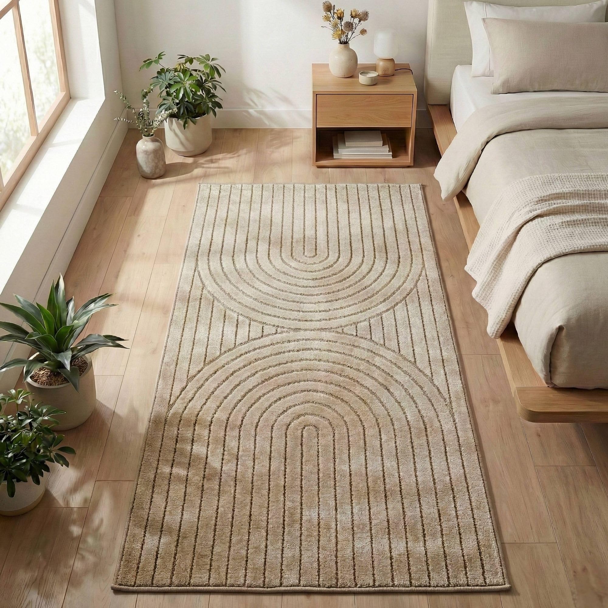 Carpetsale24 Kurzflor Teppich Beige Wohnzimmer Schlafzimmer 3D Hoch-Tief-Effekt, Skandinavisch Boho Motiv, für Outdoor Bereich geeignet Terrassen oder im Balkon
