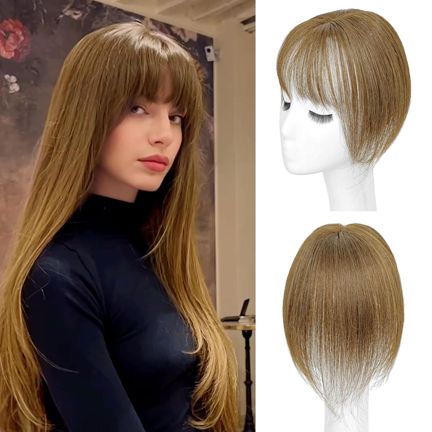 Hair Toppers for Women Real Human Hair-360°3D Topper with Bangs for Thinning Hair Clip in Bangs with Upgraded Silk Base Perfect for Daily Wear,5×10 Brown-4#