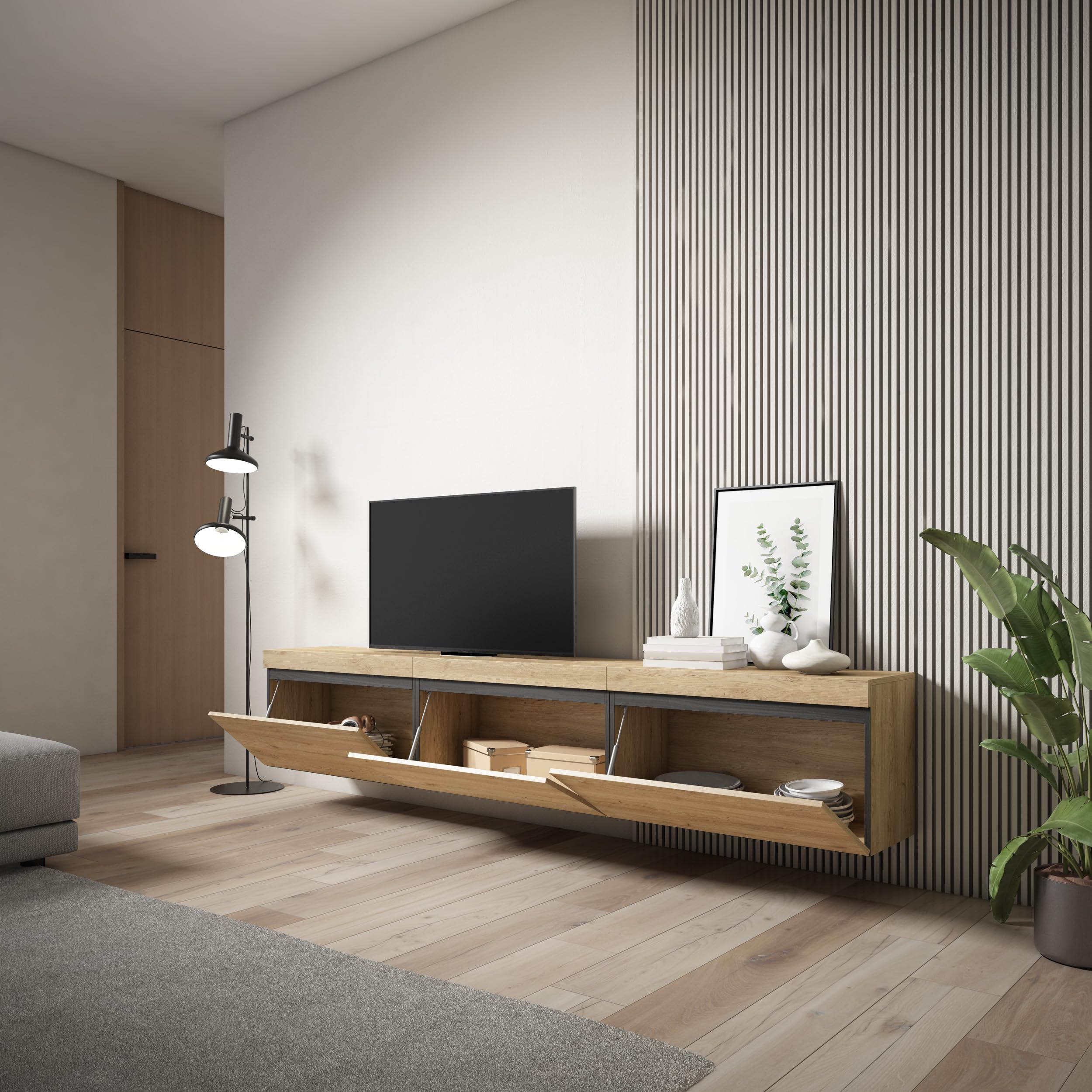 Mobile TV Soggiorno Skraut - 240x45x35 Cm, Sospeso, Stile Moderno Rovere E Nero - Foto 5