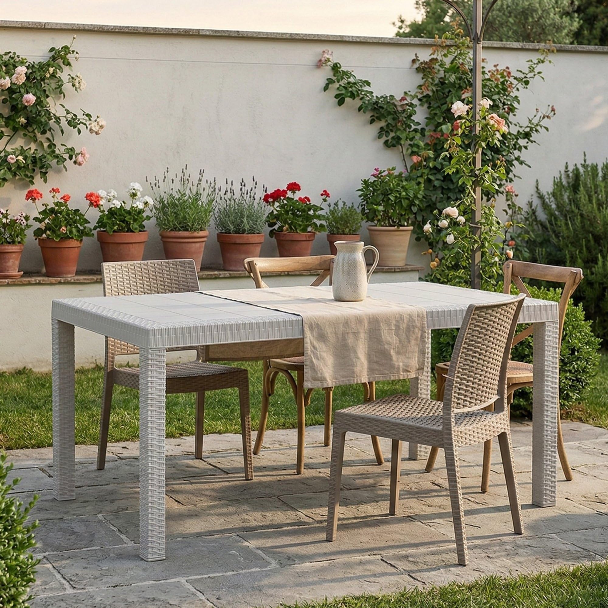 Dmora - Tavolo da Esterno Giove, Tavolo Rettangolare da Giardino, Tavolo da Giardino Multiuso Effetto Rattan, 100% Made in Italy, 150x90h74 cm, Bianco