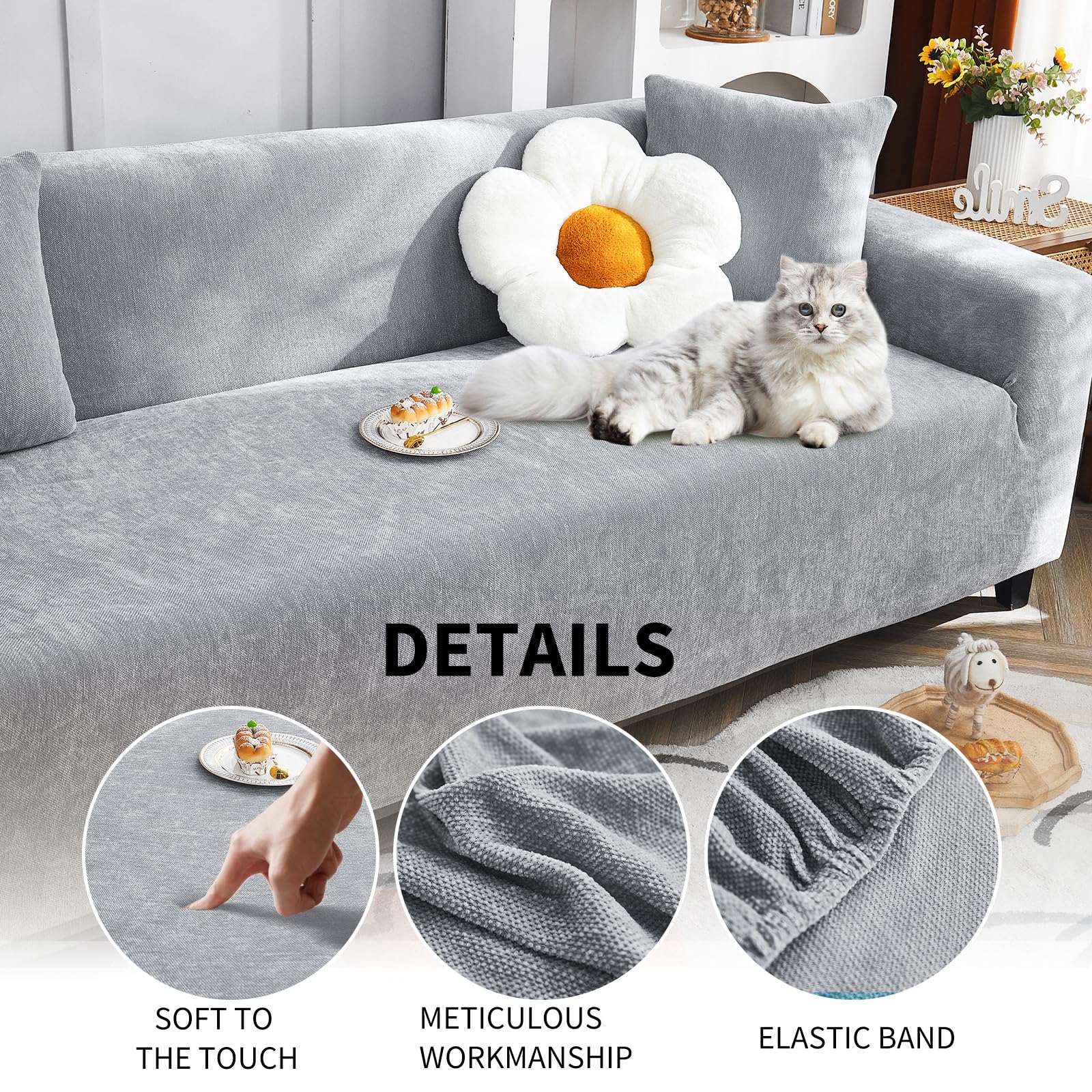 Funda Sofa Elastica Moderna Antideslizante Cubre Sofas de Poliéster Jacquard Elástico Fundas de Sofá para Sala Protector para Perros Mascotas (4 Plaza, Gris Verdoso)