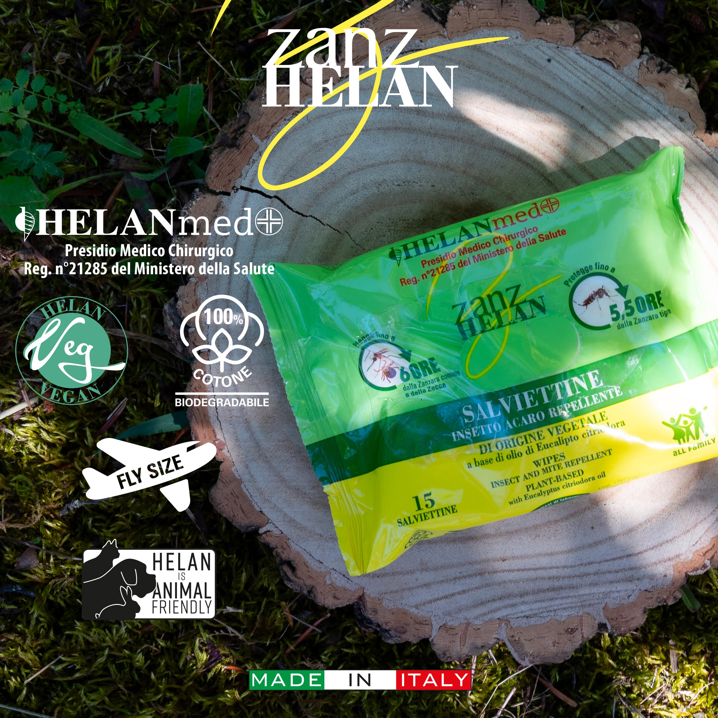 Helan Med Zanzhelan - Salviette Umidificate Antizanzare Bambini Adulti 100% Cotone Bio, Anti Zanzare con Olio di Neem, 15 Salviettine Repellente Zanzare Zecche Fino a 6 Ore, Presidio Medico Chirurgico