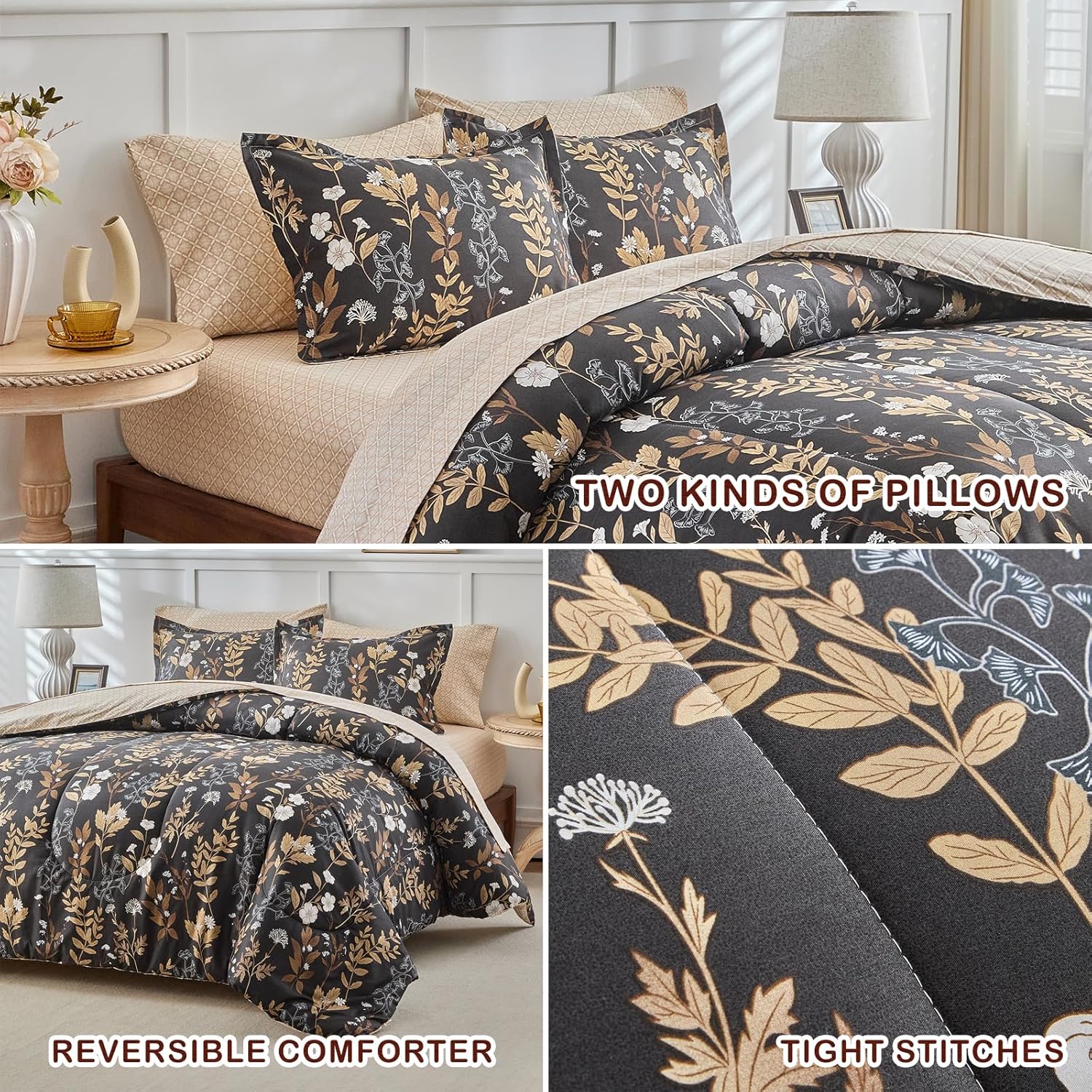 Joyreap Queen Comforter Set- 7 Pieces Floral Bed in a Bag, White Flowers Golden Brown Leaves on Black Design Comforter Sheet Set, Soft n Cozy Microfiber Bedding Set for All Seasons