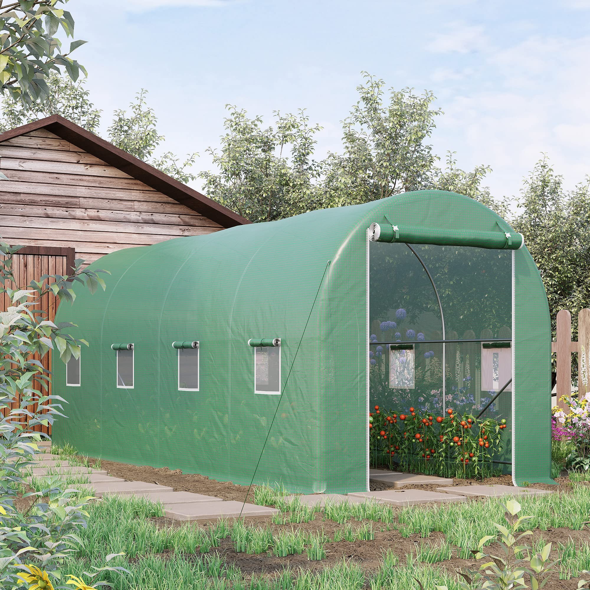 Outsunny Serre de Jardin Tunnel Surface Sol 10 m² 5L x 2l x 2,05H m châssis Tubulaire renforcé Porte zippée 8 fenêtres enroulables Vert