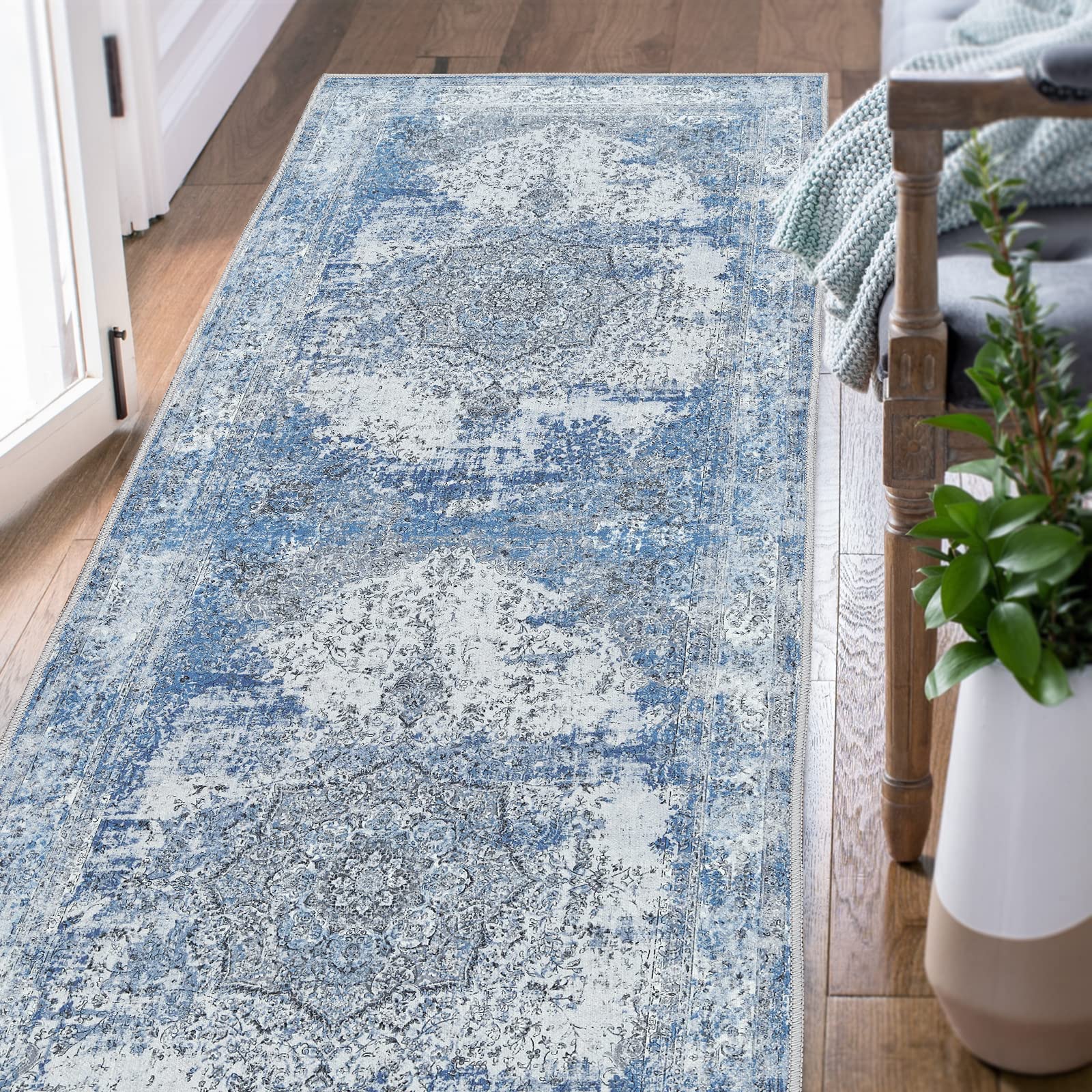 jinchan Area Rug 3x10 Runner Rug Hallway Vintage Blue Distressed Rug Kitchen Indoor Thin Rug Traditional Floral Print Mat Non Slip Carpet Bathroom Bedroom Living Room