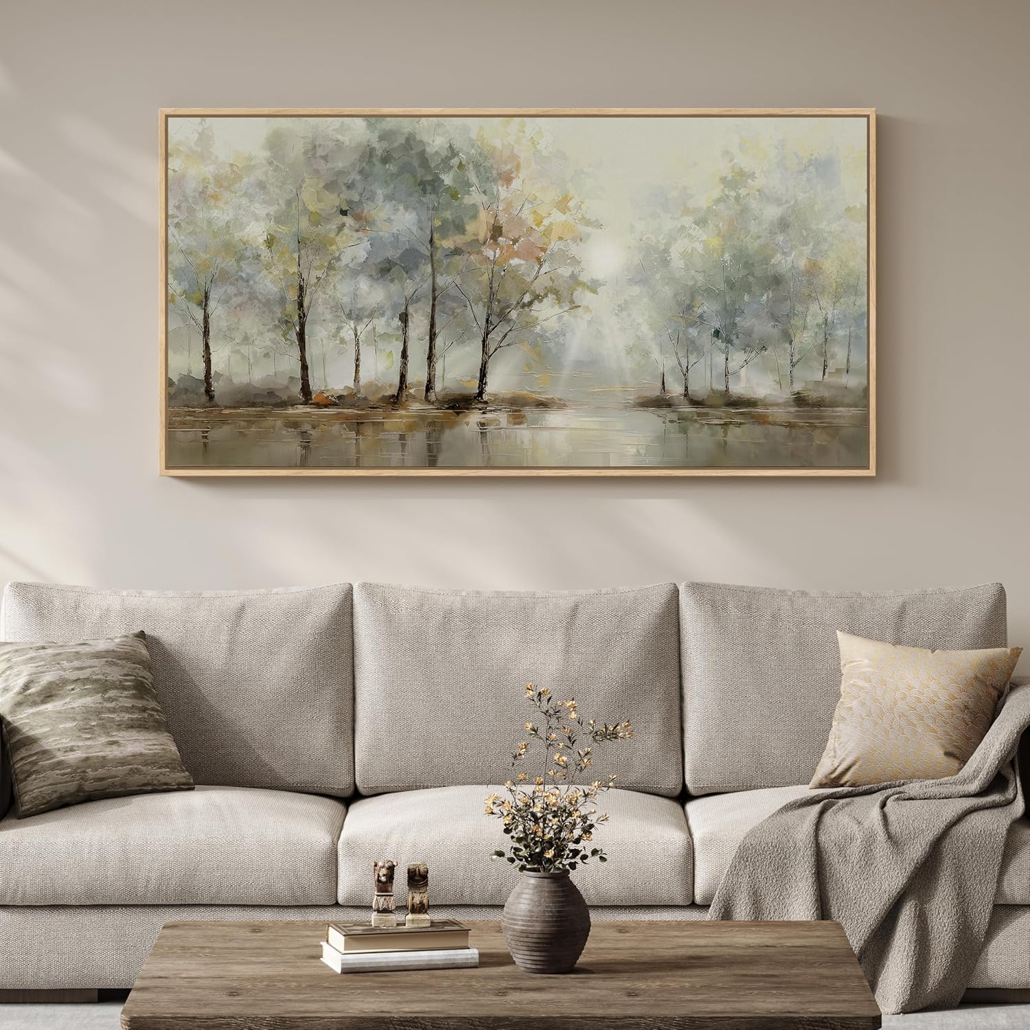 Large Framed Modern Nature Landscape Wall Art for Living Room, Long Horizontal Neutral Tree Pictures Artwork for Walls, Abstract Rustic Farmhouse Prints Paintings for Bedroom Dining Room 60x30 Inch