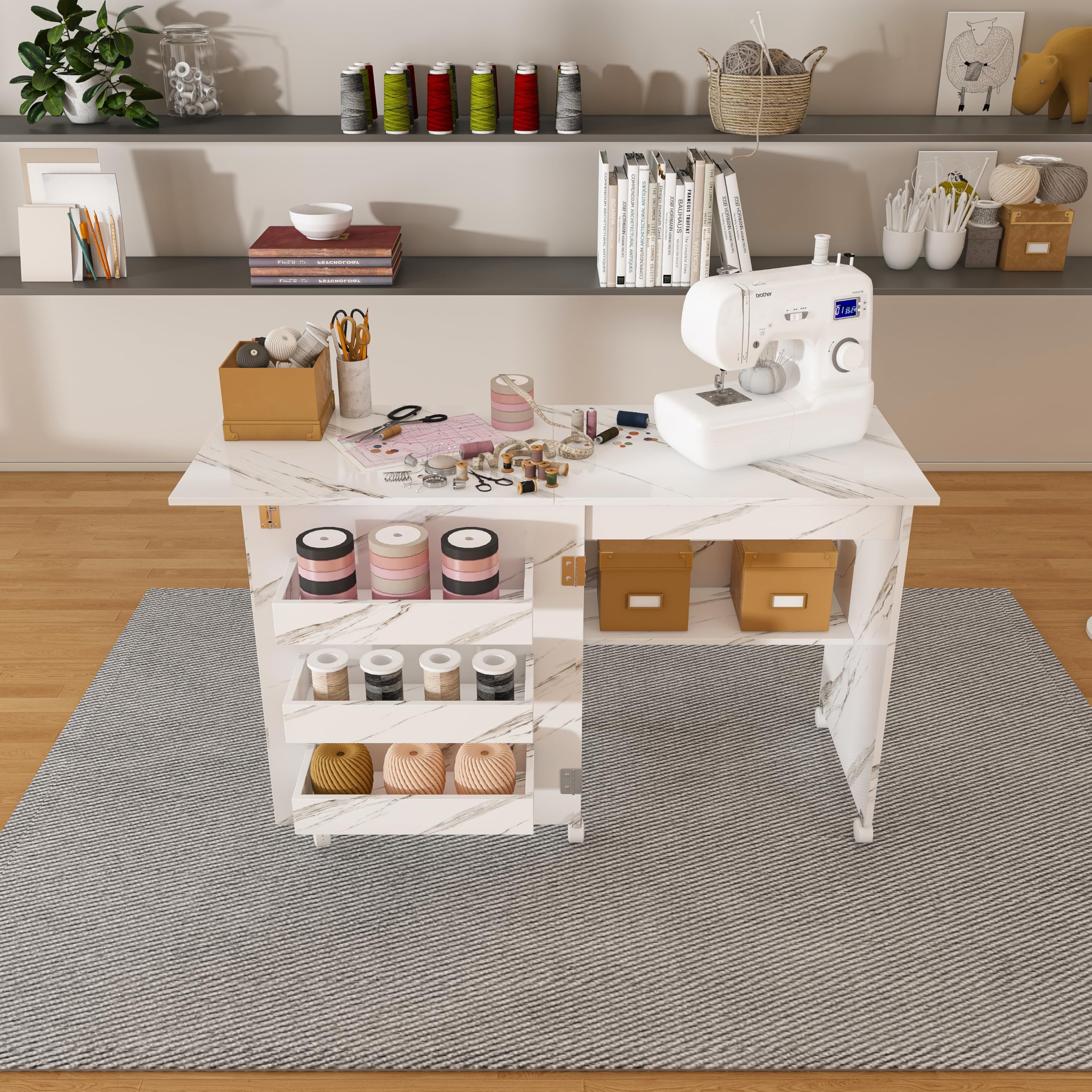 4-in-1 Folding Sewing Table with Lockable Wheels – Multi-Functional Craft Station, End Table, Computer Desk & Kitchen Storage with Shelves, White Rolling Sewing Machine Table for Apartments