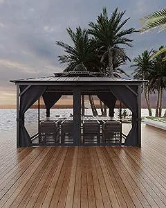 Hardtop Gazebo 12'x14' for All Weather, with Double Metal Roof, Aluminum Alloy Frame, Net, and Curtain, Permanent Building for Patio, Deck, Backyard, Lawn, and Garden, Gray