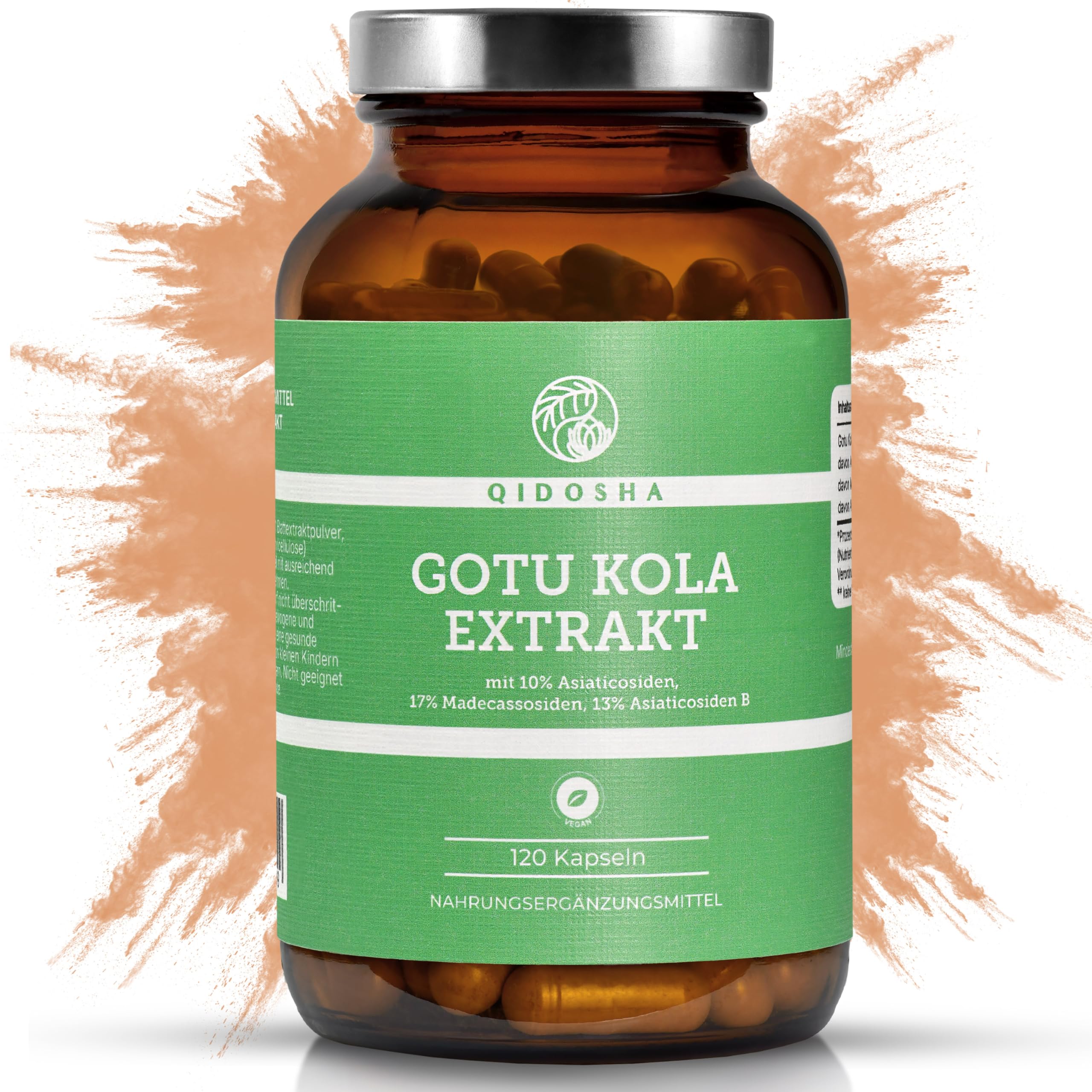 QIDOSHA® Gotu Kola 60:1 Extrakt, mit 40% Gesamt-Asiaticoside höchster Wirkstoffgehalt am Markt, darunter 10% Asiaticoside, 17% Madecassoside und 13% Asiaticoside B, 120 Kapseln im Glas
