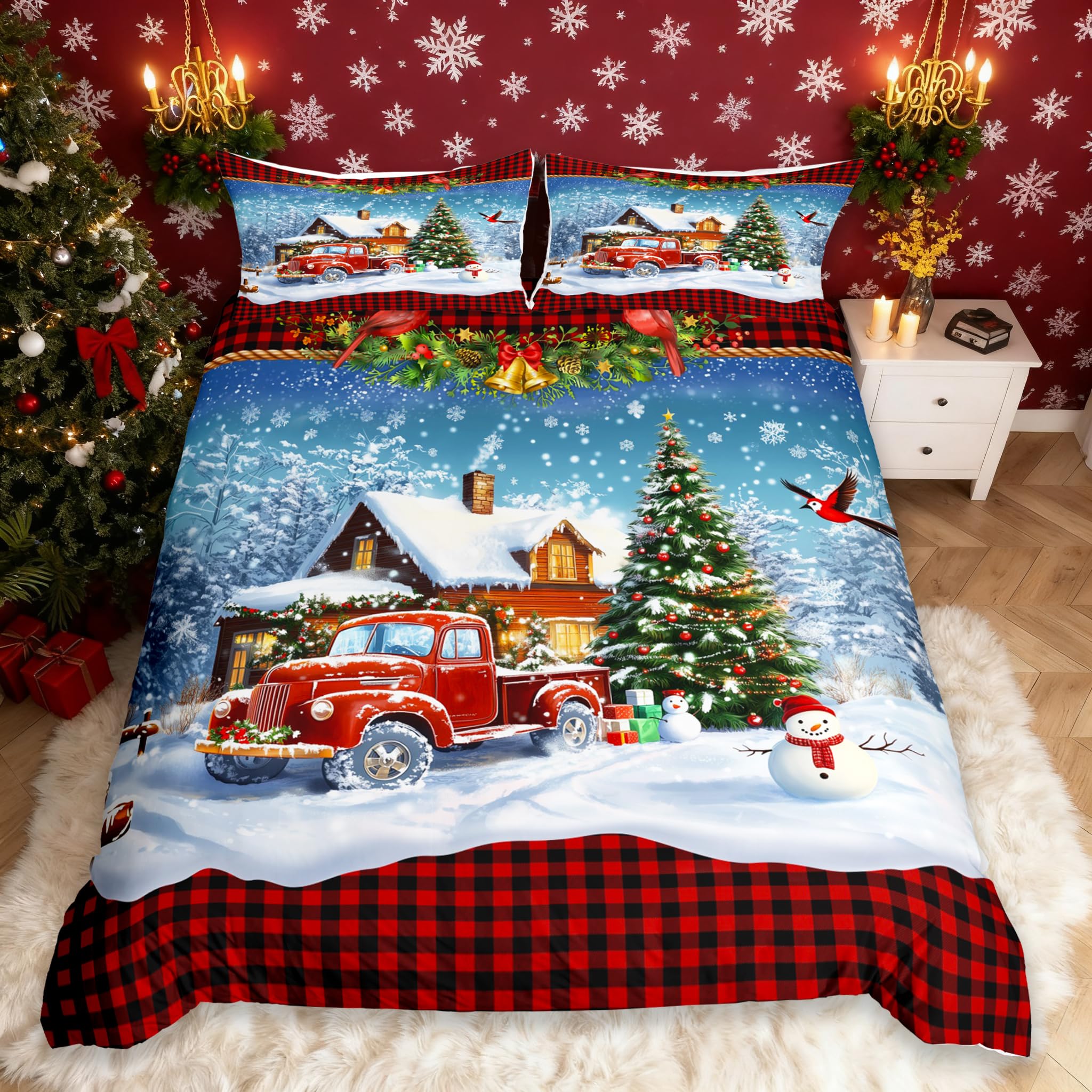 Kids Christmas Duvet Cover Set Full Size,Retro Red Truck and Winter Snow View Bedding Set 3Pcs Red Black Gird Comforter Cover for Girls Boys Adult