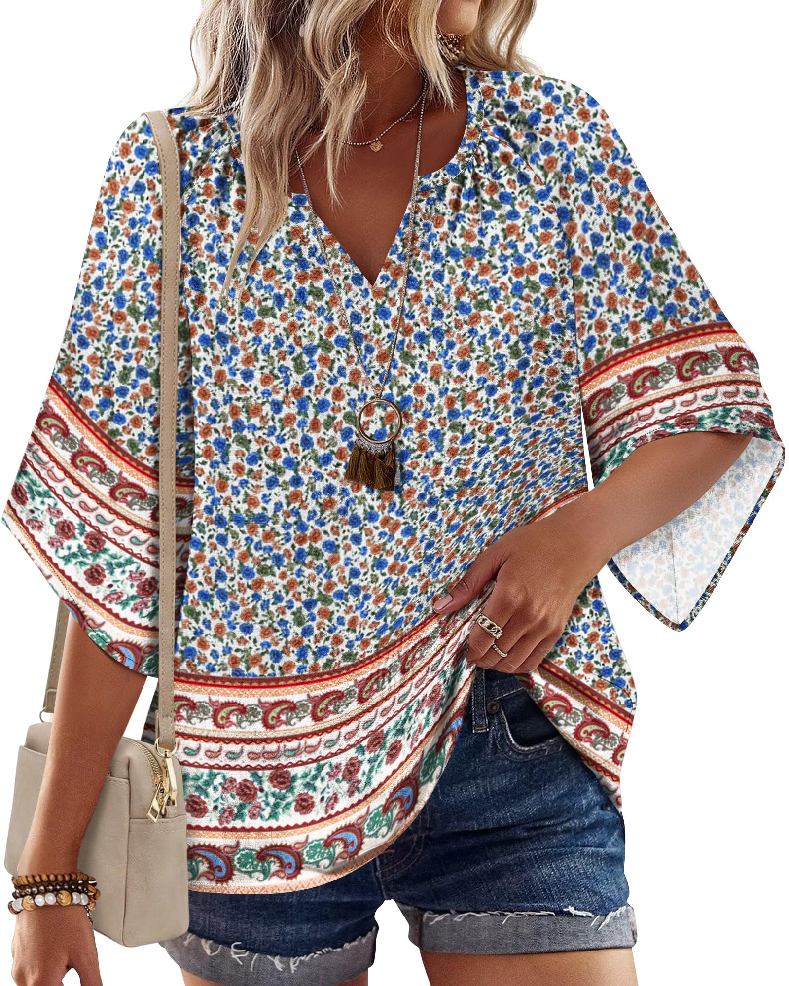 Zeagoo Camicia da donna ampia con scollo a V, stile bohémien