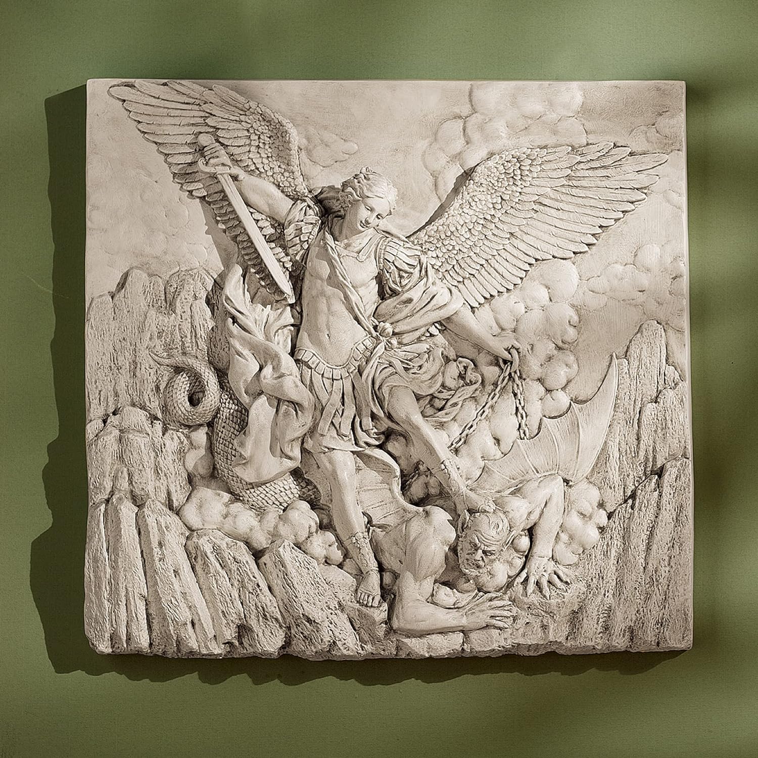 Design Toscano Michael the Archangel Slaying Demon Indoor/Outdoor Wall Frieze Sculpture, 22 inches wide, Cast Stone Resin, Antique Stone Finish