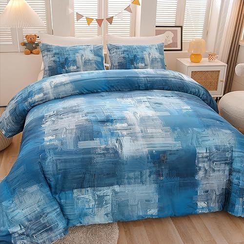 Miniatura 3 de Ylehoc Juego de edredón turquesa y verde azulado, juego de ropa de cama geométrica de 3 piezas, 1 edredón de pintura y 2 fundas de almohada para