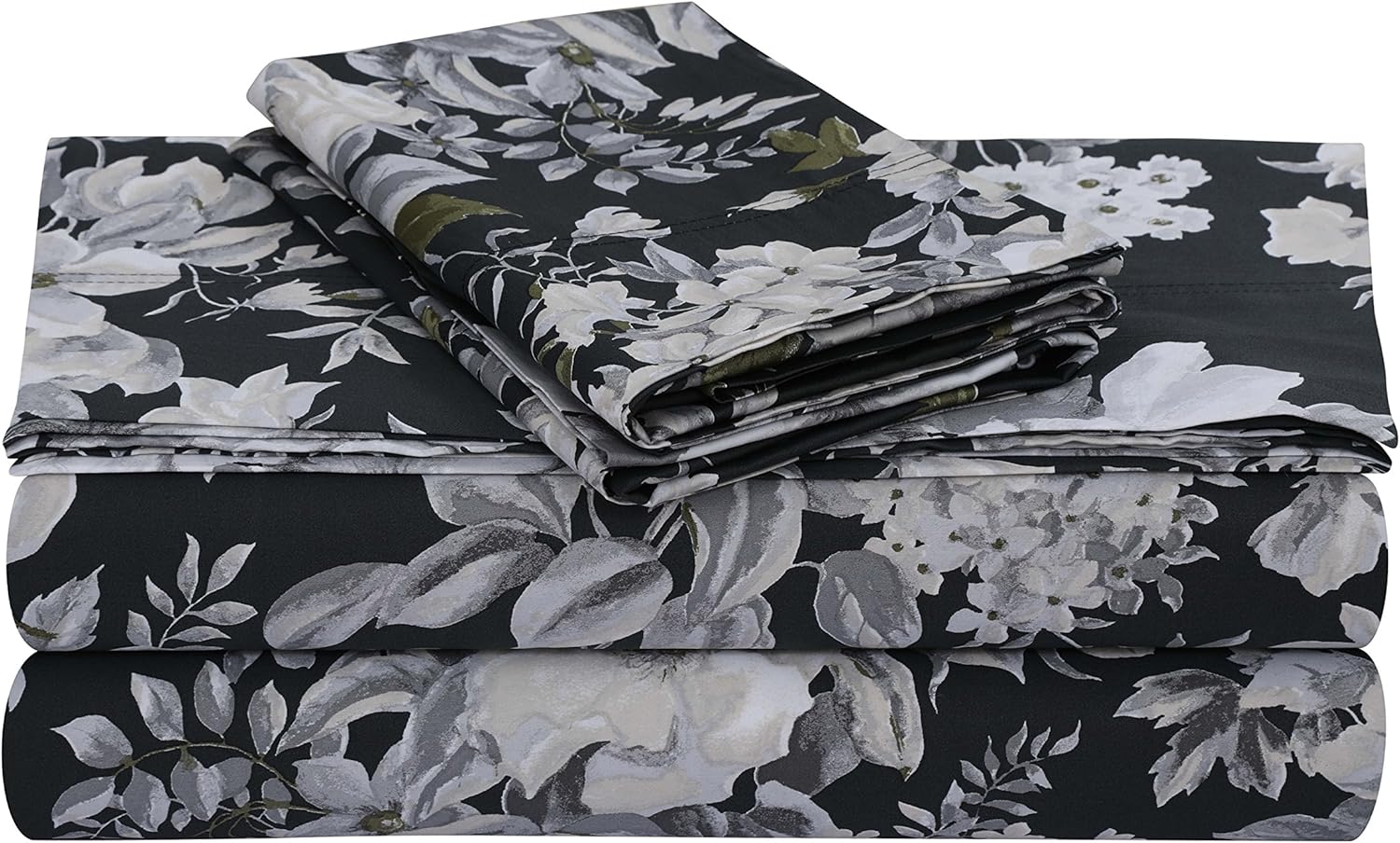 Tribeca Living Cotton Sateen Pillowcases Standard Size Set of 2 Bed Pillow Covers, Floral Print, 300 Thread Count, Luxury Bedding, Vernazza Charcoal