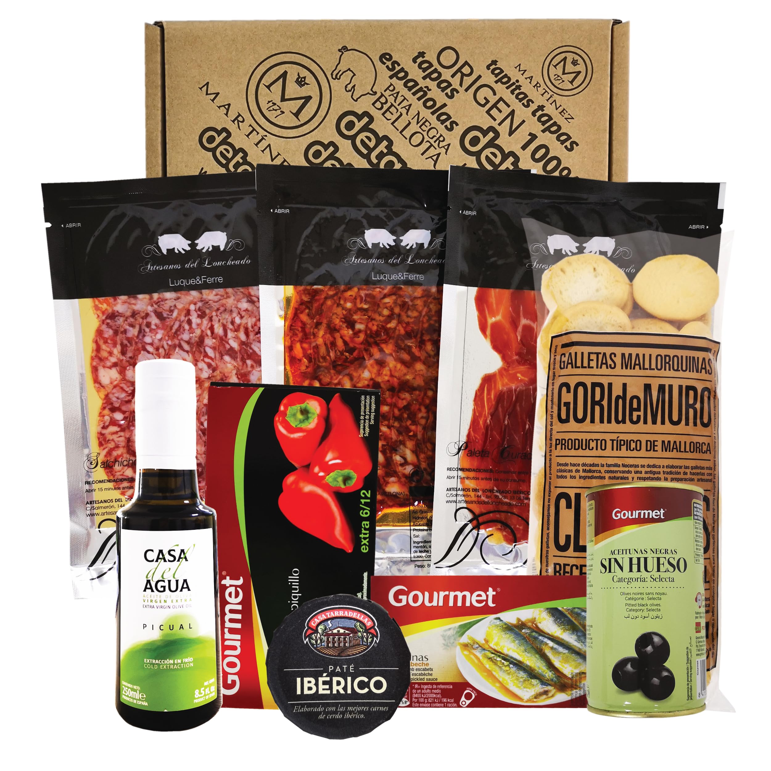 Spanische Geschenke, Serrano Schinken, Pata negra chorizo, Pata negra salami, Sardinen, Oliven, geschenkset
