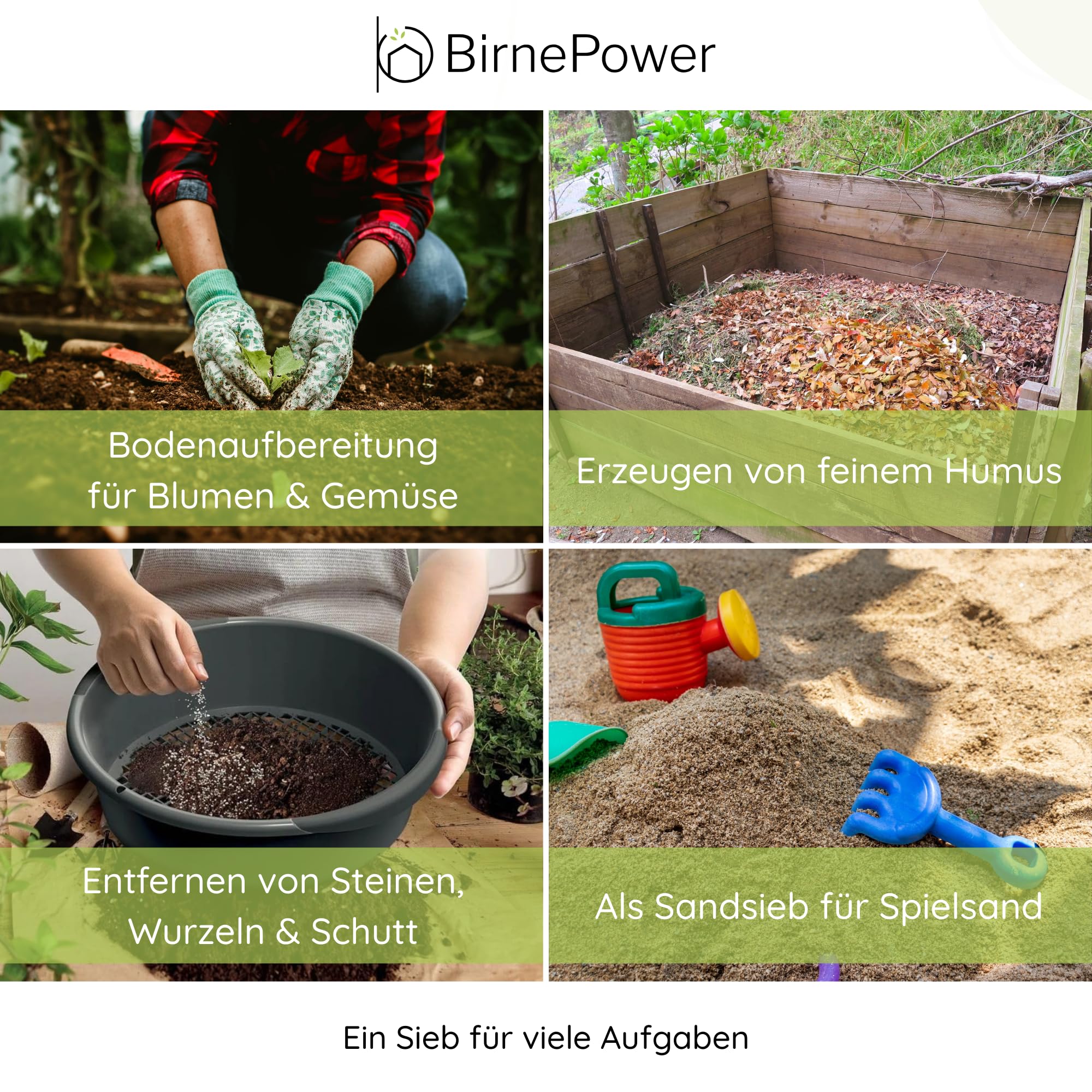 BirnePower Tamis de Jardin Rond ISIO370 avec Mailles 4-10mm, Passe-Partout pour Terre et Compost, Crible à Sable Robuste, Outil Pratique, Ø 37cm