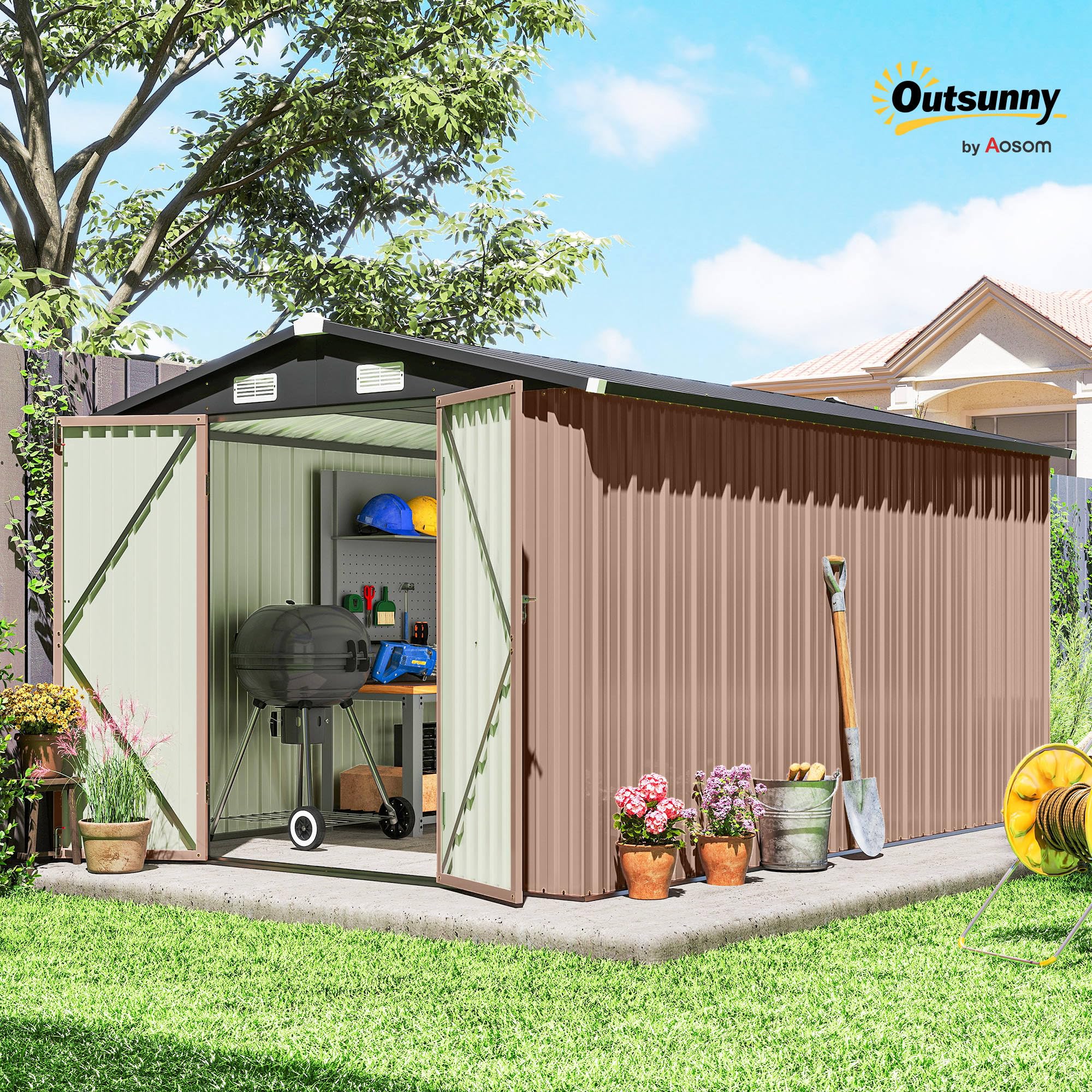 Outsunny Casetta da Giardino 8.1m² Acciaio Zincato con Prese d'Aria Doppia Porta Bloccabile Tetto Inclinato 238x364x194 cm Marrone