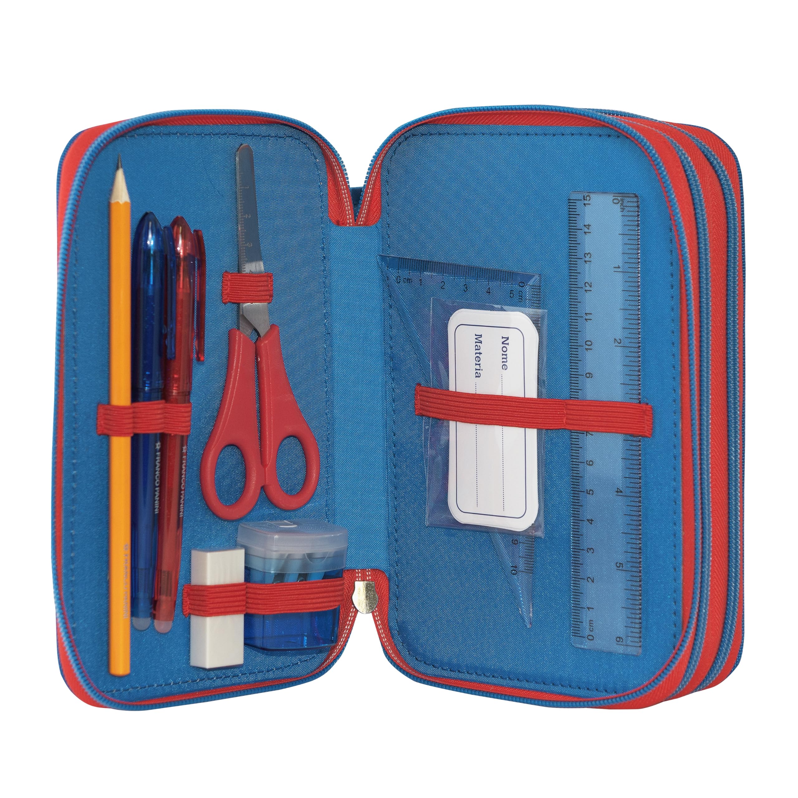 Franco Cosimo Panini Super Mario - Trousse d'école Officielle Super Mario, Trousse 3 Compartiments Enfant et Fille avec kit de Papeterie, Stylo effaçable Bleu et Pratique Fermeture à glissière, 20 x
