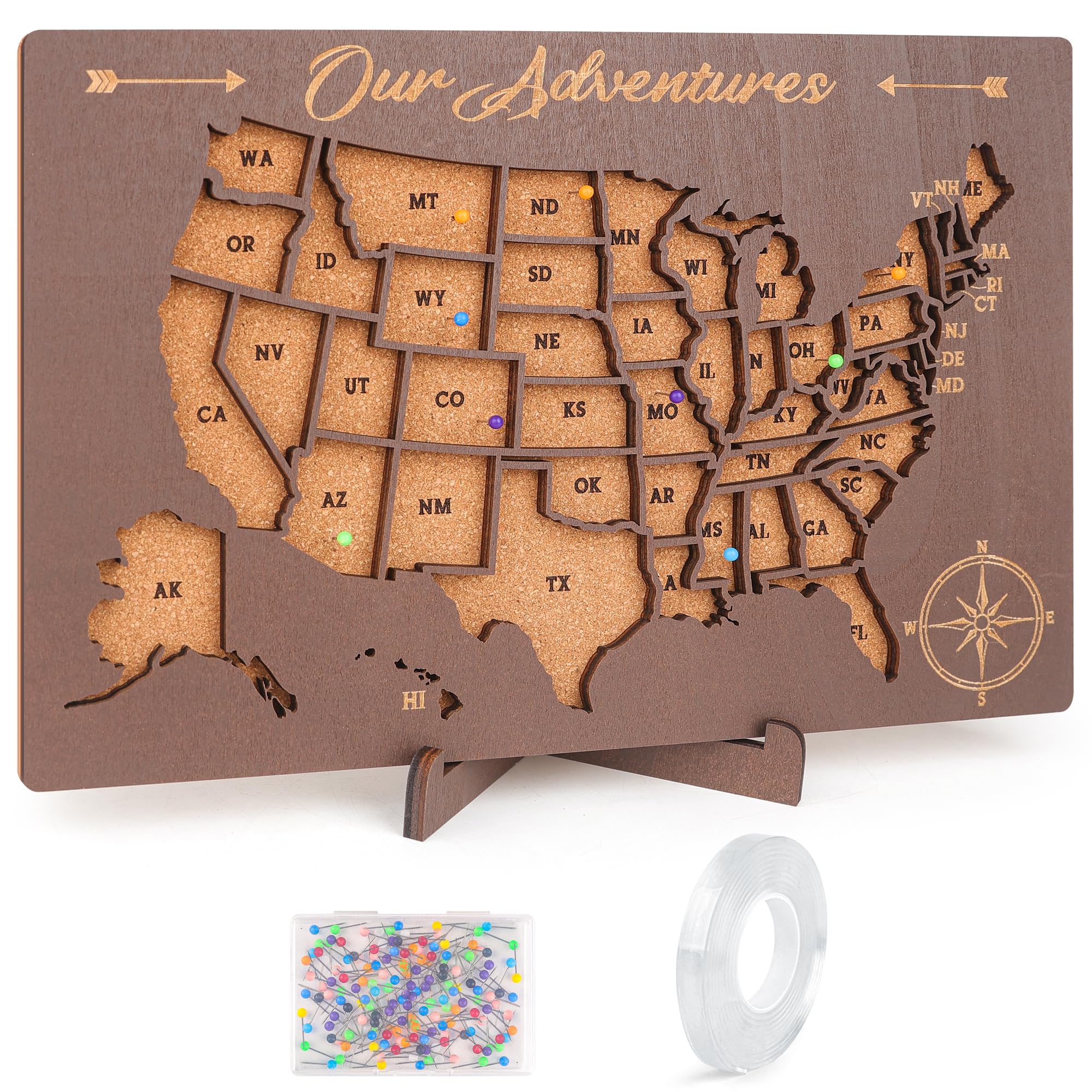 Luoyadee USA Cork Board Travel Map with 100 Push Pins & Display Stand