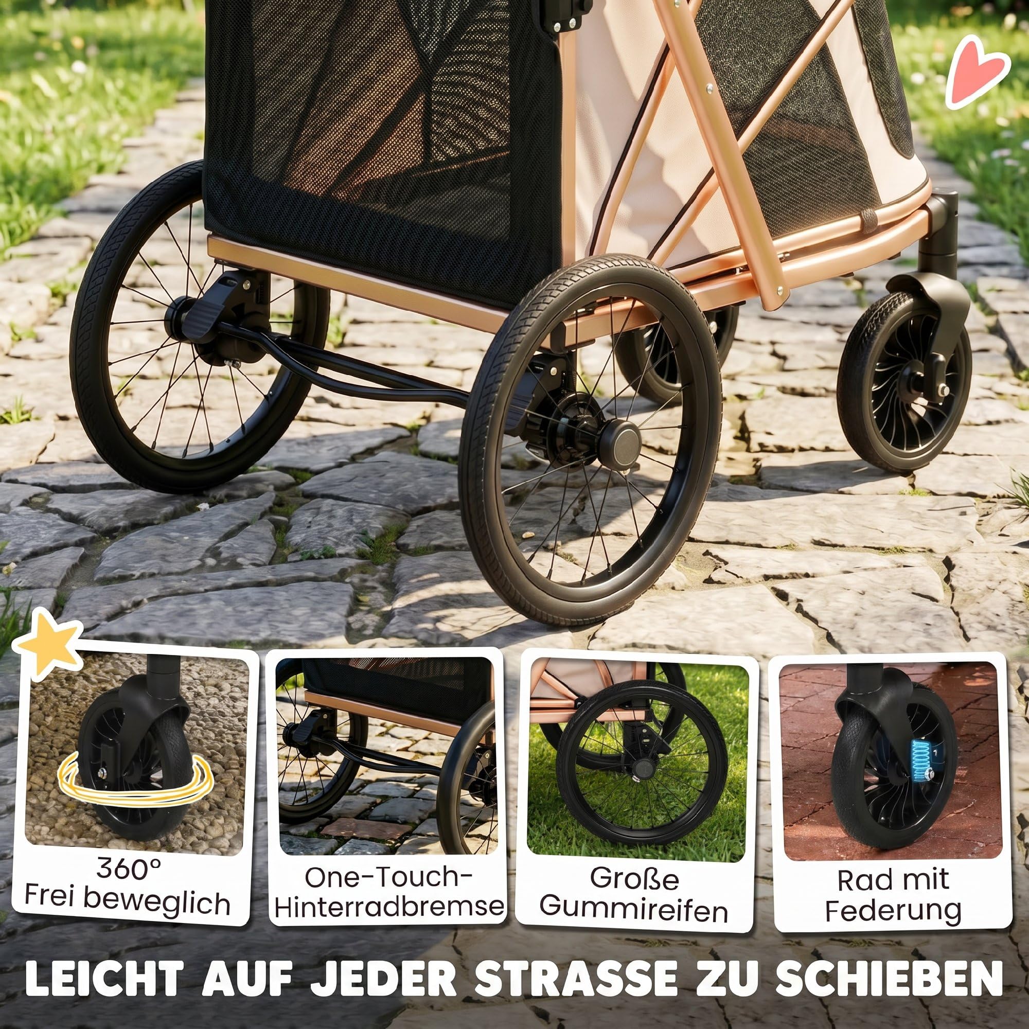 PawHut Hundewagen Faltbar Hundebuggy für mittelgroße Hunde bis 20 kg Hundetrolley mit Doppeltüren Netzfenster Kissen Verstellbarer Griff Katzenwagen mit Sicherheitsleinen Doppelbremsen Hellbraun