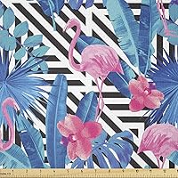 Vista 89 de Ambesonne The Yard, tela de mariquitas de The Yard, flores exóticas hibisco hawaiano follaje ilustración botánica flor de primavera, tela