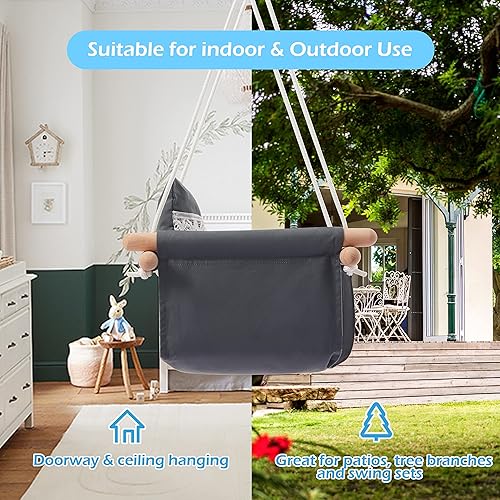 Miniatura 7 de Asiento seguro para bebé con cinturón de seguridad, lona para bebé y columpio de madera con cojín decorativo de encaje, columpio colgante para bebés