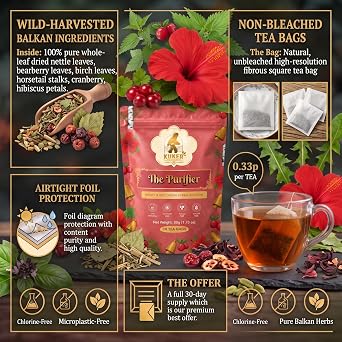 Kidney Tea 30 Tea Bags The PURIFIER by KUKER Detox Drink Tea with Hibiscus, Nettle, Bearberry, Birch, Horsetail Tea, Cranberry Tea Leaves Flavour - Detox Tea Blend, Detox Cleanse Tea 50g