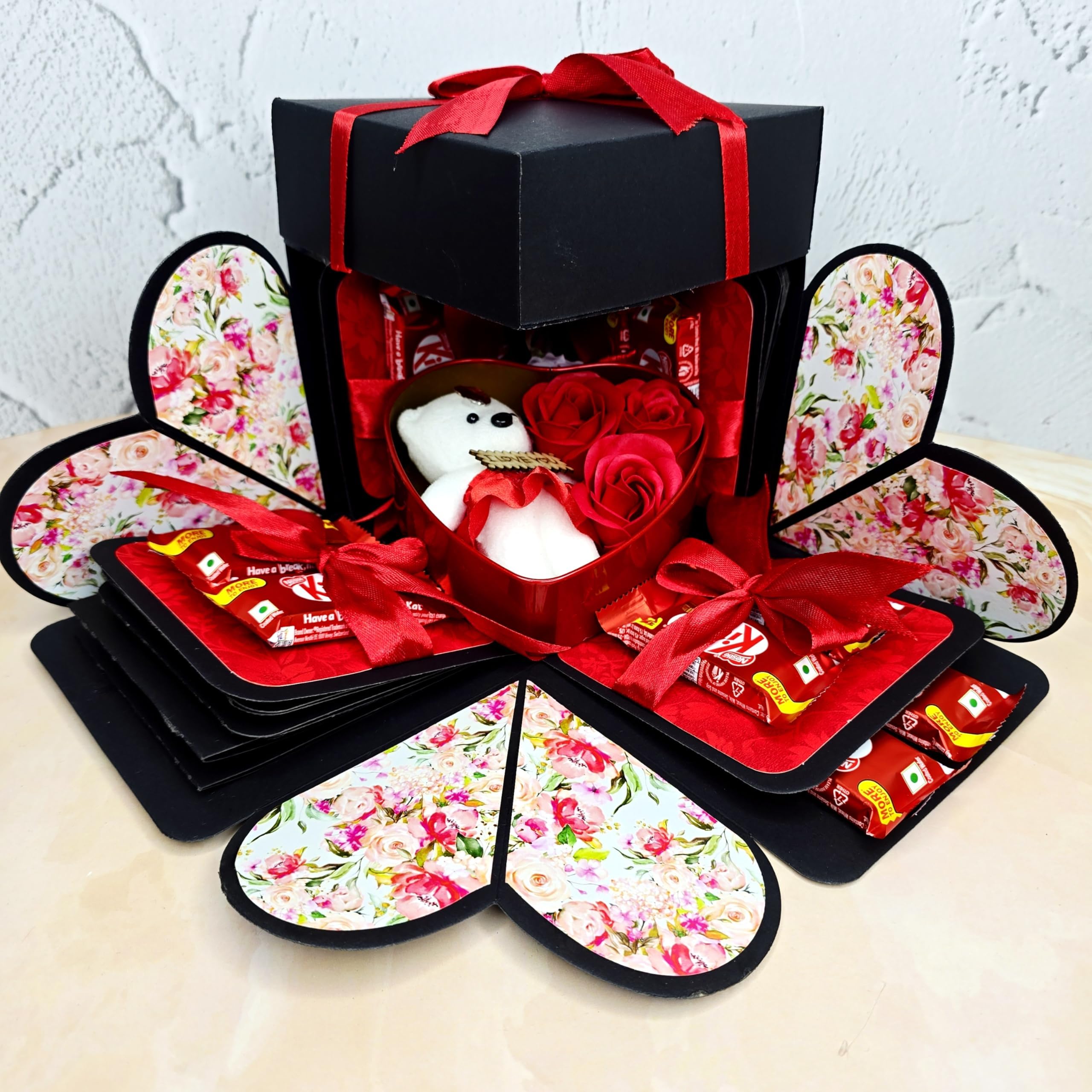 US IDEAL CRAFT Explosive Gift Box, Birthday Gift, Wedding Gift, Valentine Love Gift For Your Wife/Husband, Fiance, Boyfriend With 12 Chocolate Each (1 Tin Box Includes Teddy & Roses), Pack of 1