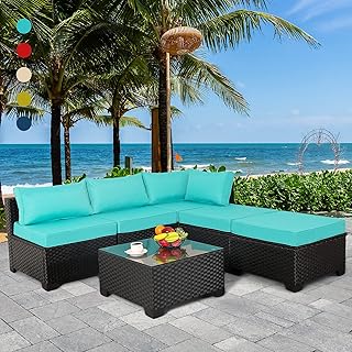 Outdoor Wicker Furniture Sofa Set 6-Piece Patio Garden Sectional Furniture with Turquoise Non-Slip Cushions Furniture Cove...