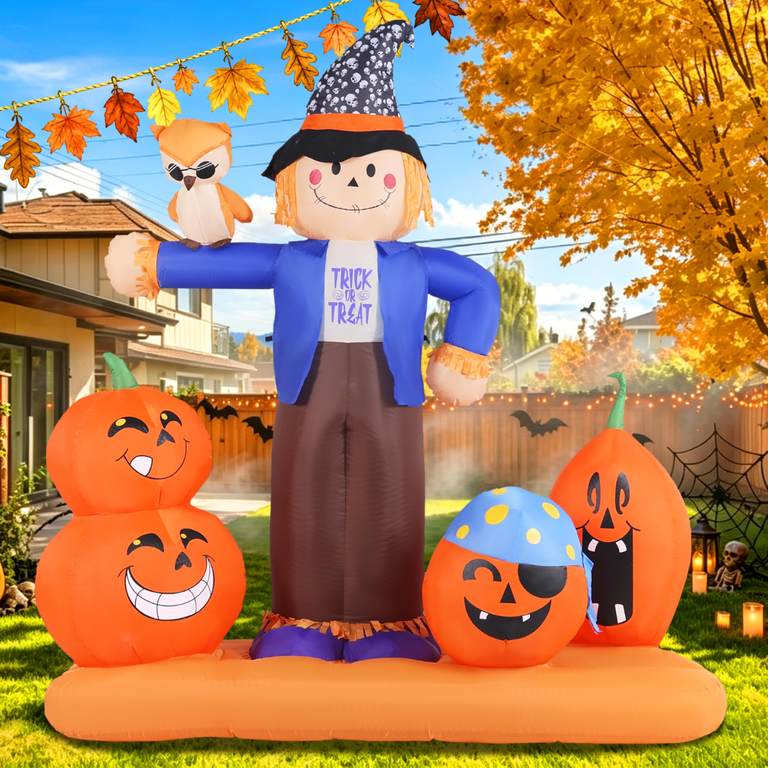 GIFTFIND Halloween Inflatable Scarecrow with Pumpkins Owl Outdoor Decor | Lighted scarecrow with pumpkins and owl adds festive Halloween outdoor decorations to yards, lawns, porches, and parties