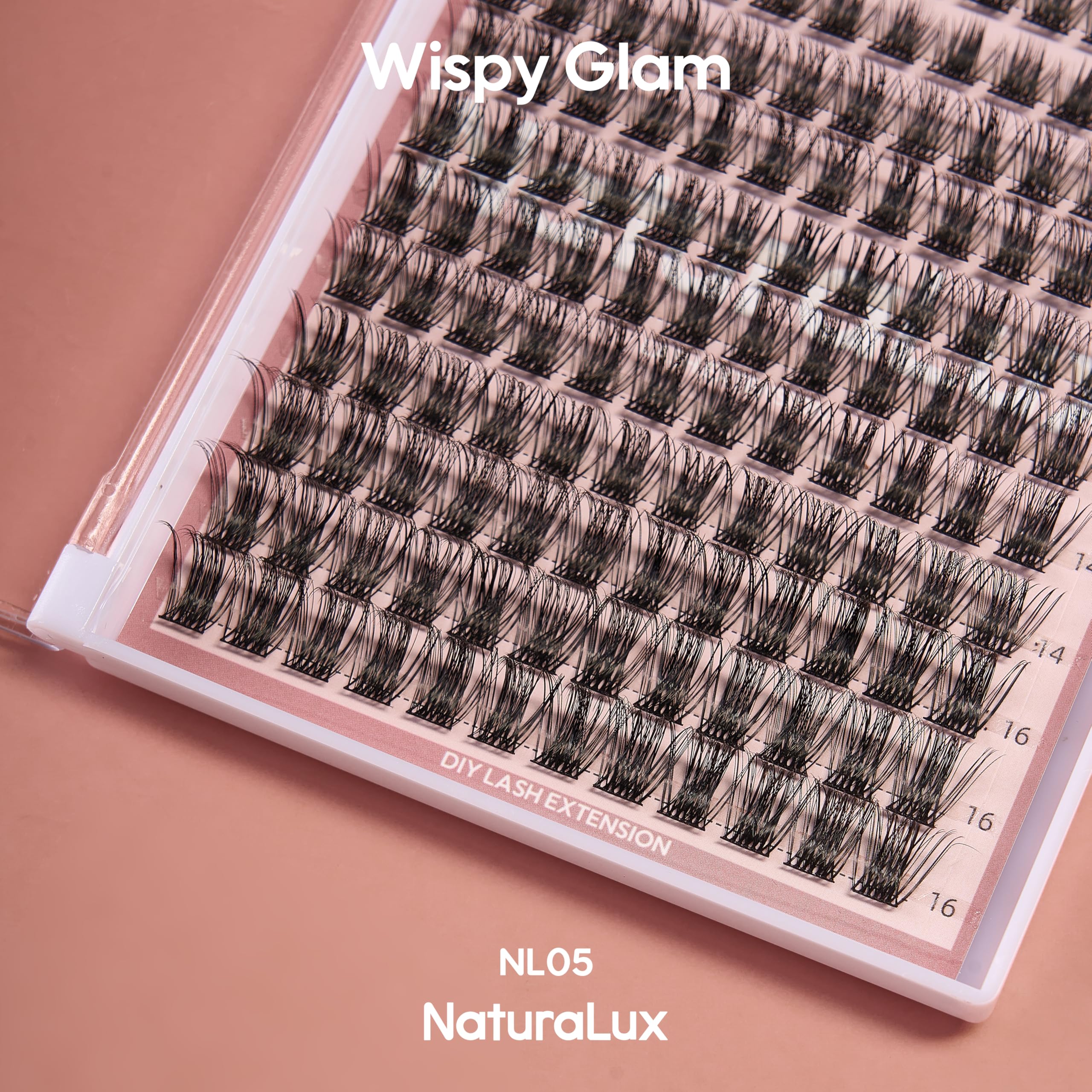 NATURALUX Wispy Glam Mixed Lash NL05; 10 mm, 12 mm, 14 mm, 16 mm; 144 całkowita liczba; sztuczne rzęsy, pojedyncze rzęsy, przedłużanie rzęs, klastry rzęs, D curl
