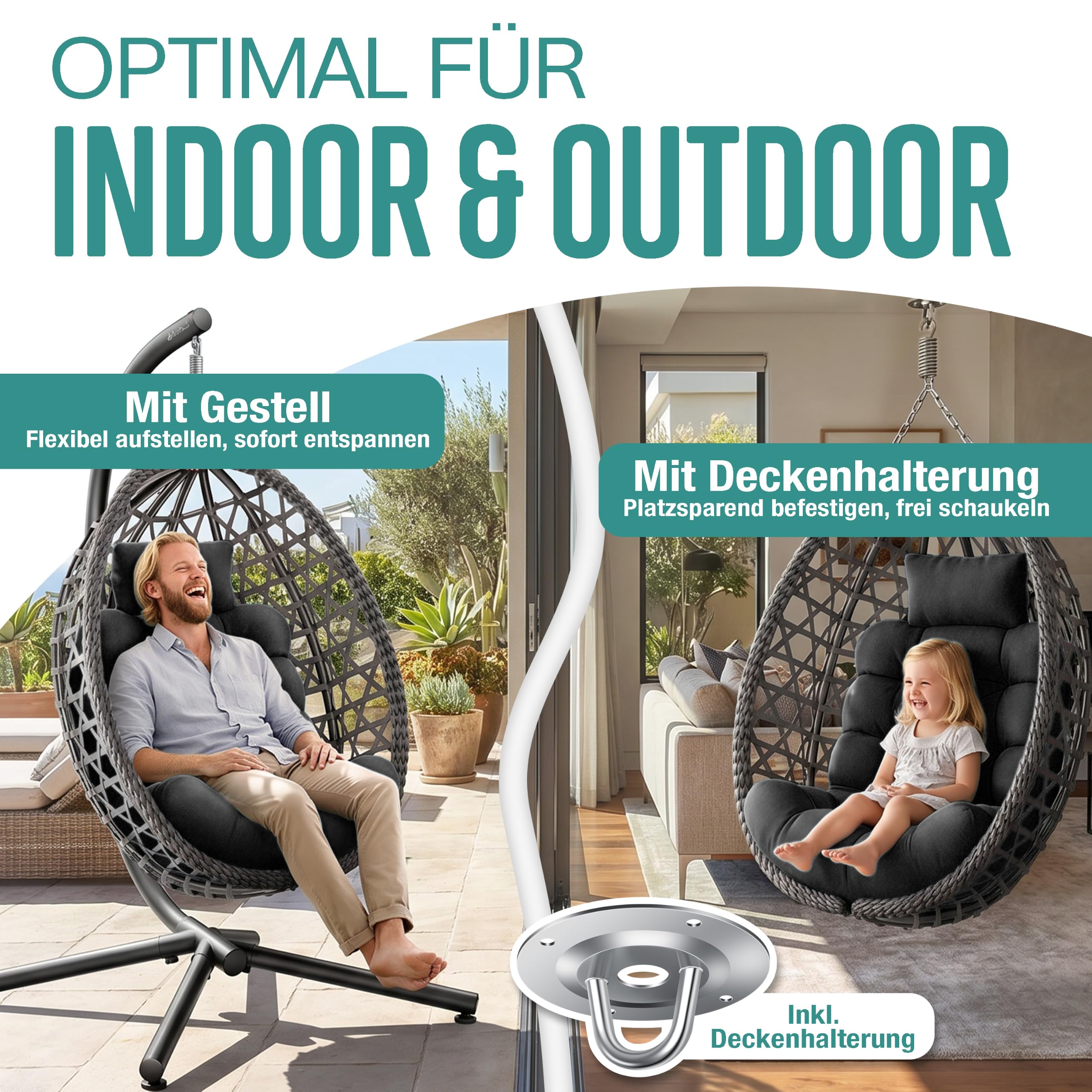 KESSER® Hängesessel mit Gestell Outdoor Indoor Schaukelstuhl Polyrattan 360° 150kg Tragkraft inkl. Polsterkissen & 2in1 Deckenhalterung + Cover – Relaxschaukel - Garten, Balkon, Terrasse, Anthrazit