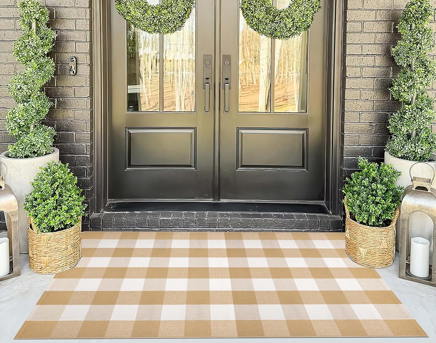 Khaki and White Outdoor Rug 3'x5', Fall Outdoor Porch Rug Cotton Woven Washable Farmhouse Indoor Outdoor Doormat for Front Porch Hello Welcome Layered/Entryway/Bedroom/Living Room/Patio