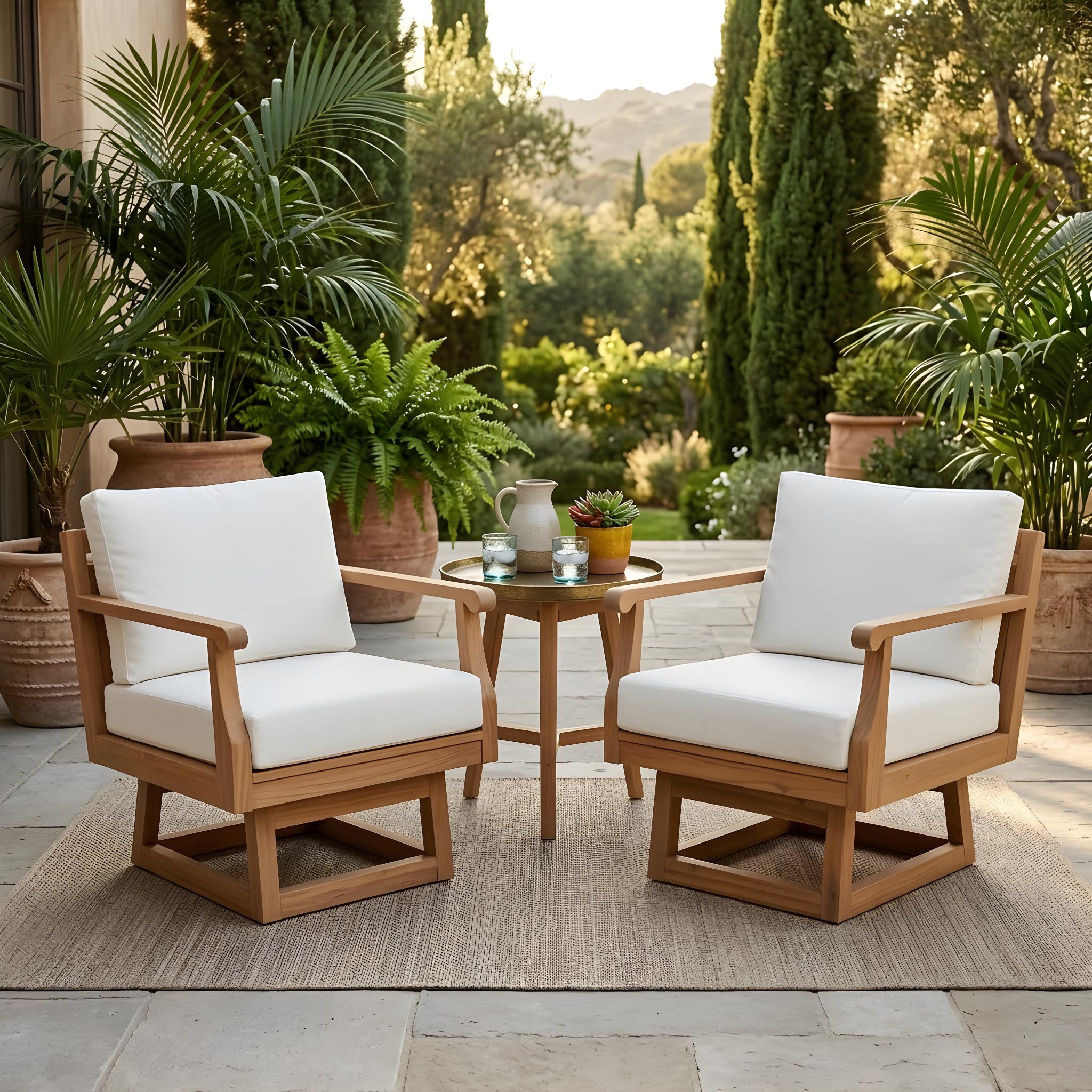 Christopher Knight Home Patio Swivel Chair Set of 2, Acacia Wood Outdoor Rocking Chairs with 360 Degree Swivel Base, Cushions & Back Pillows, Deep Seating Patio Chairs for Porch Deck Garden, Off White