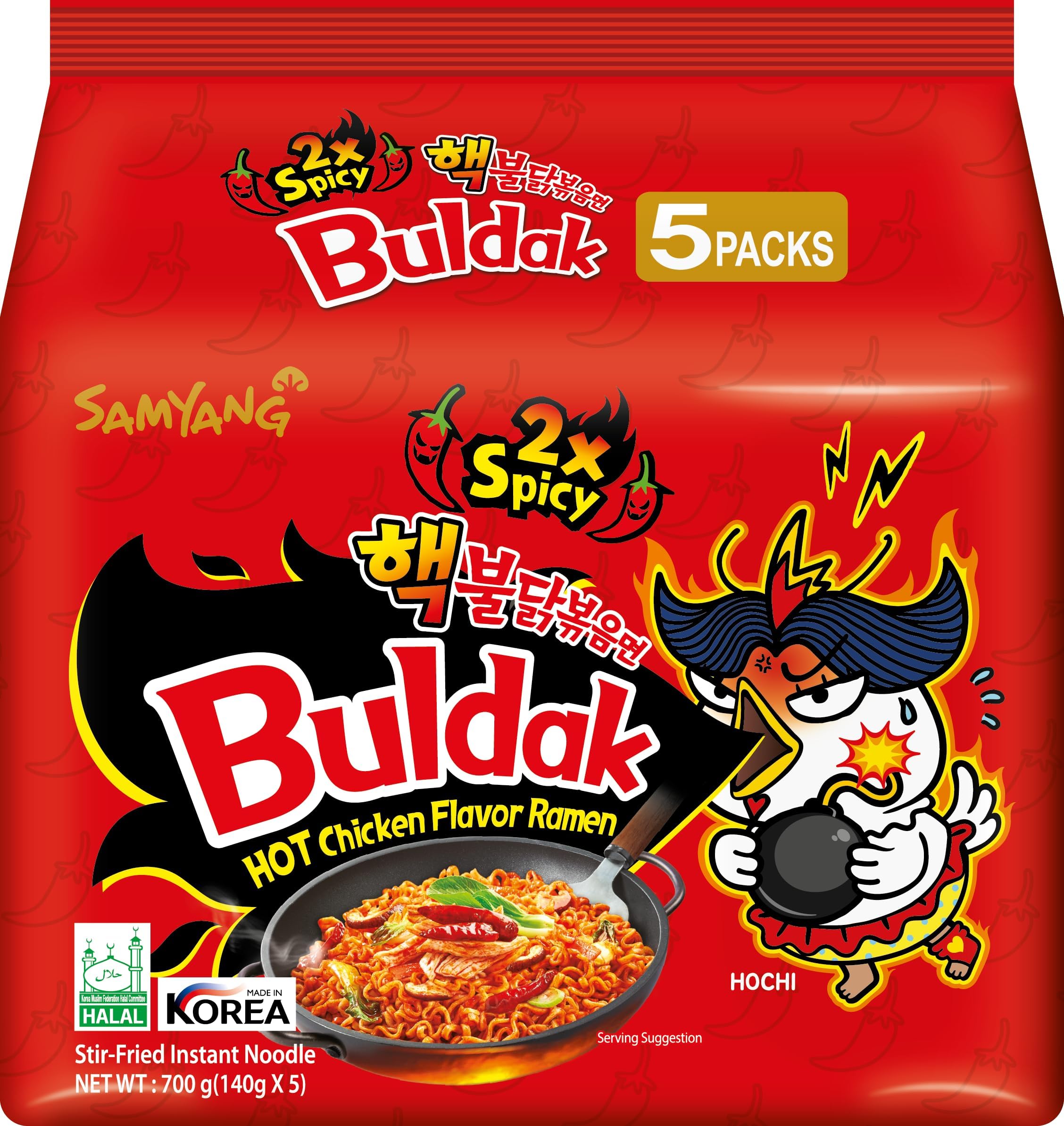 "SAMYANG Ramen Korean 2X Hot Spicy Noodles, 140 Grams (Pack of 5)"