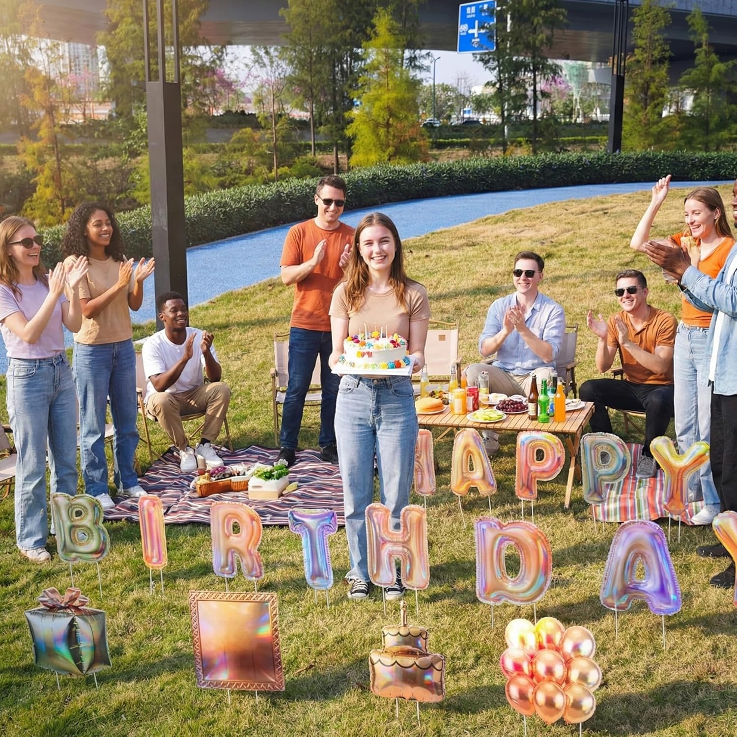 18PCS Laser Reflective Gold Balloon Yard Sign - Hollow Sheet Printed Decor with Stakes, Iridescent Rainbow Shine Effect, Outdoor/Indoor Birthday Party Lawn Decoration