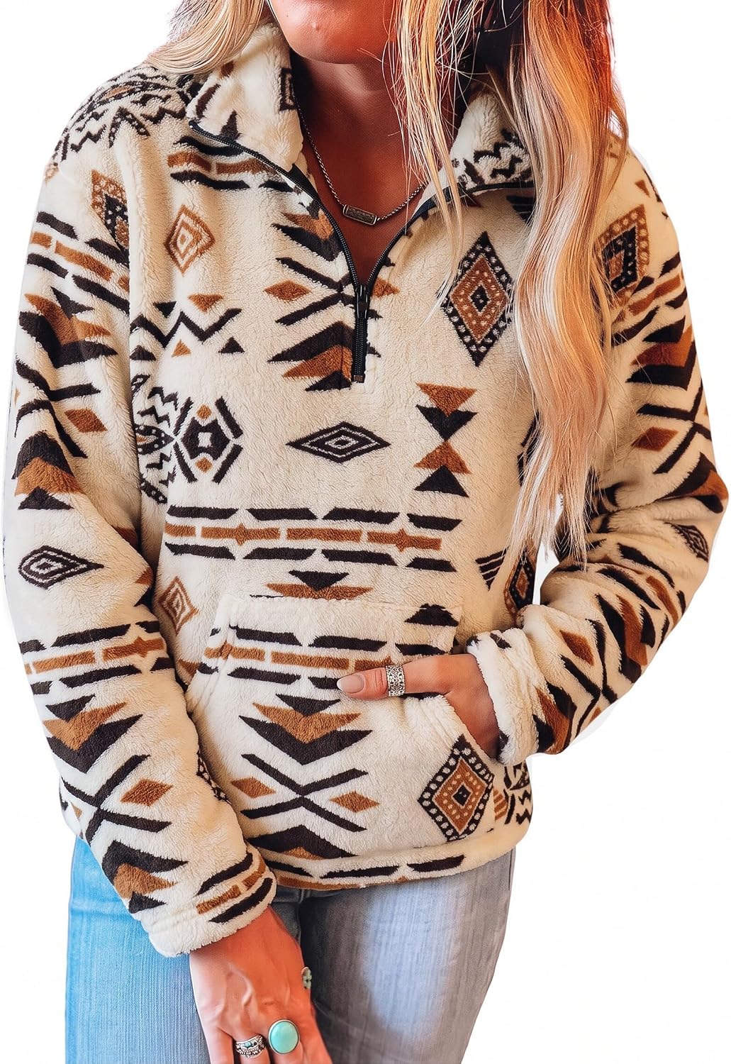 Aztec Sweatshirt for Women Western Half Zip Sherpa Fleece