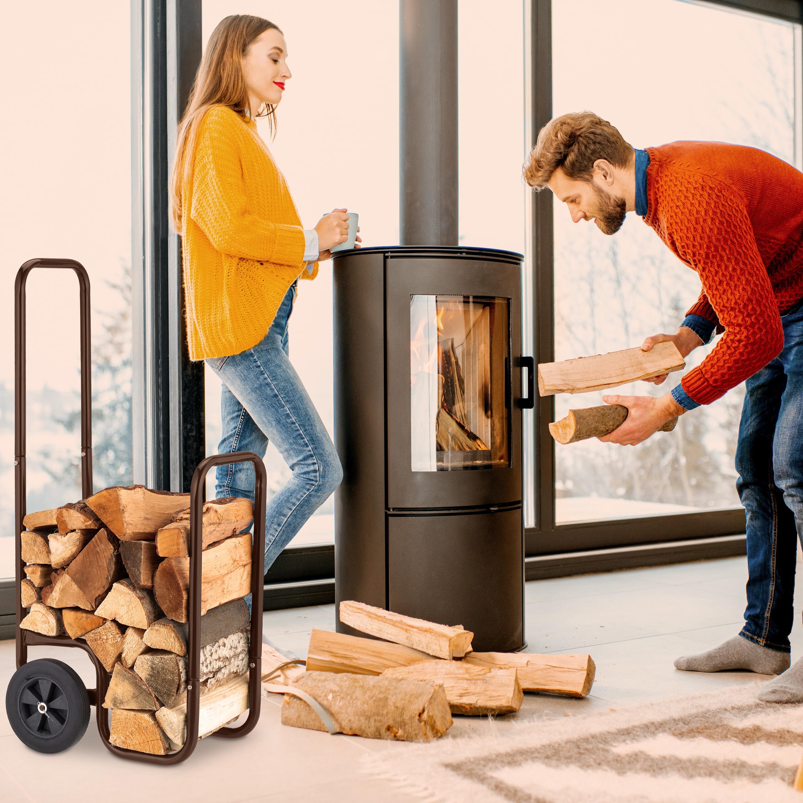Relaxdays Range-bûches Mobile, 2 Roues, Jusqu’à 60 kg, pour bûches Standards, Support Bois de Chauffage, Acier, Marron