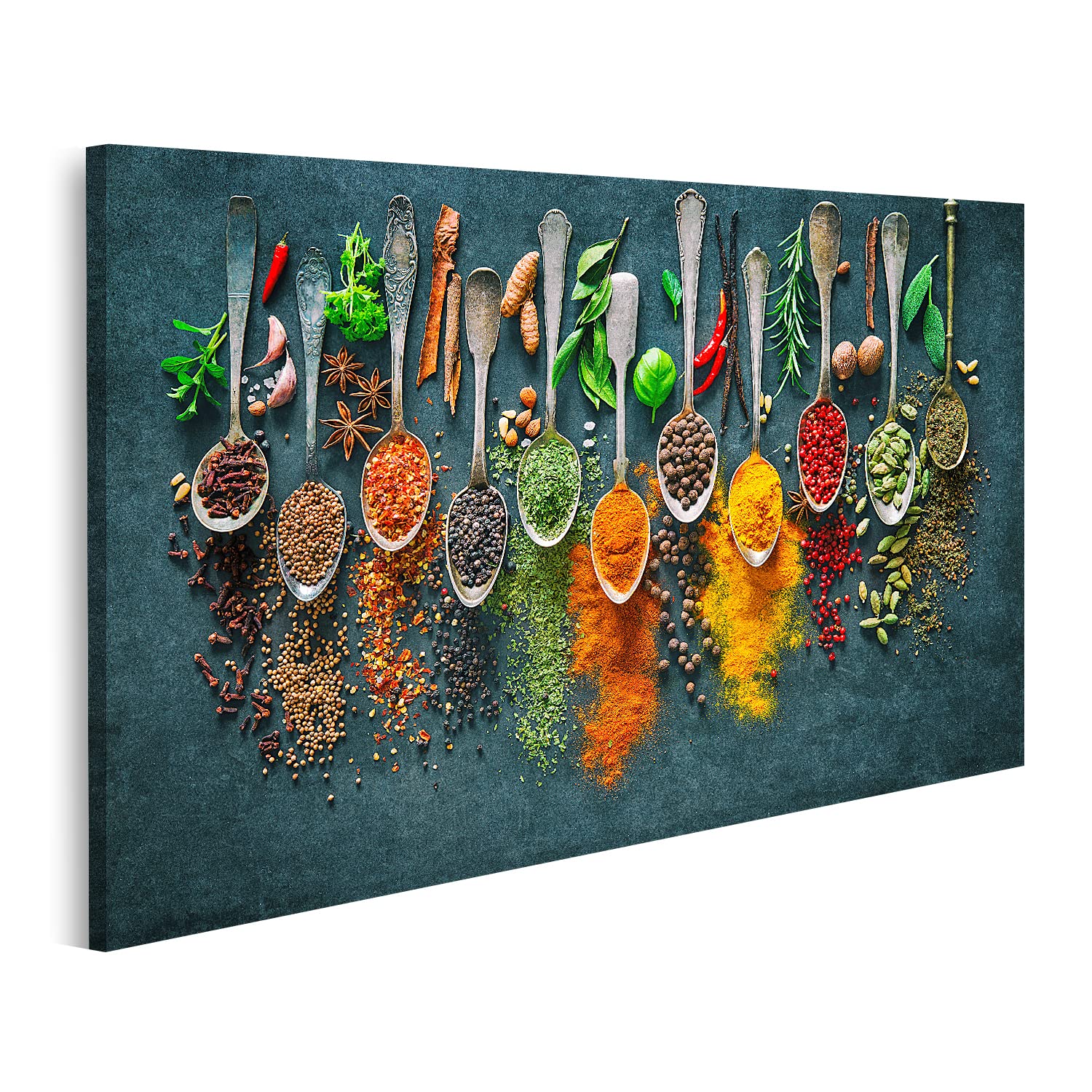 islandburner Immagine su tela colorata, diverse erbe, spezie, cucina, sfondo scuro, erbe, spezie, cucina, sfondo scuro, poster artistico, 100 x 57 cm