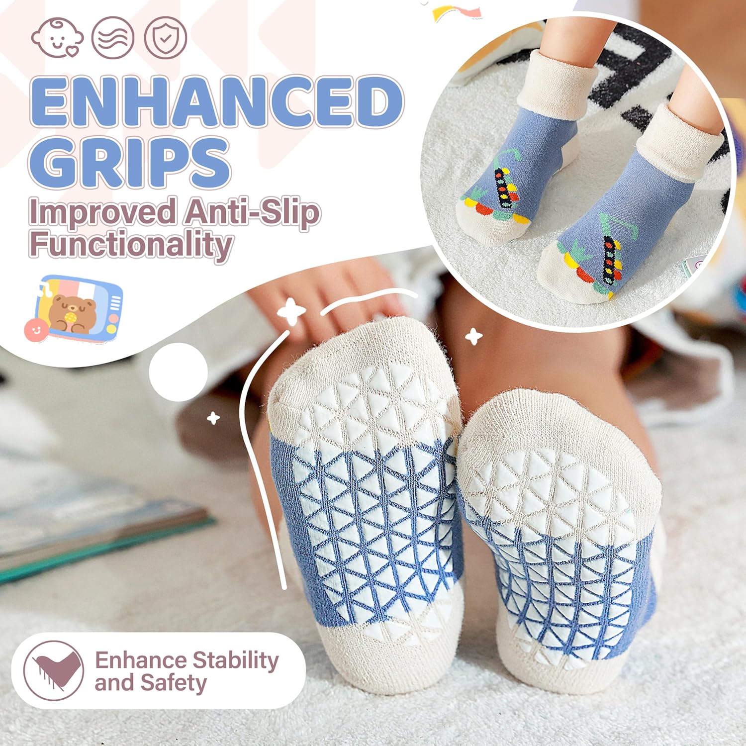 ANTSANG Baby Toddler Socks With Grippers Girls Boys Thick Cotton Ankle Crew Non-Slip Socks - Image 2