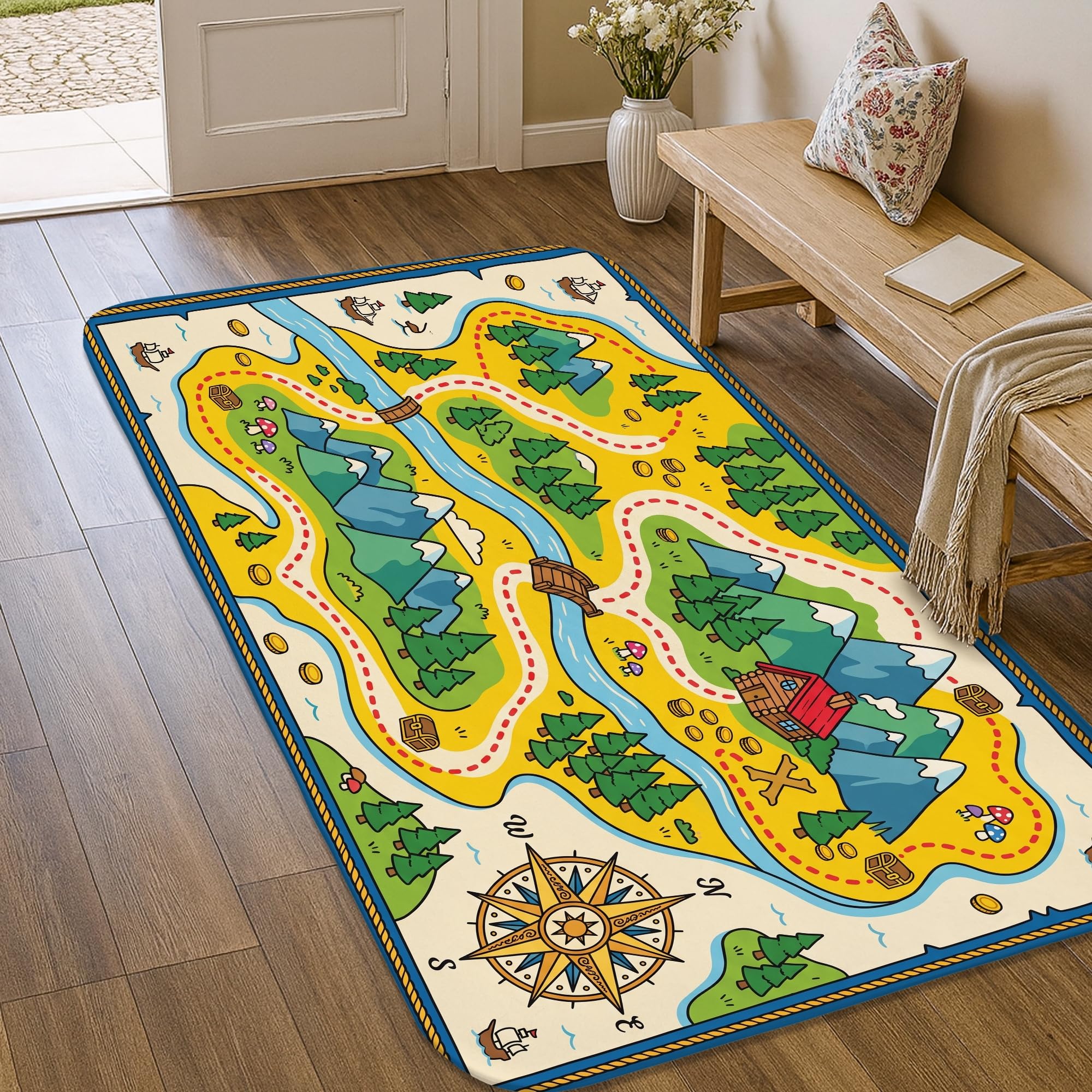 Alfombra suave lavable antimanchas con diseño de brújula amarilla para pie de cama infantil