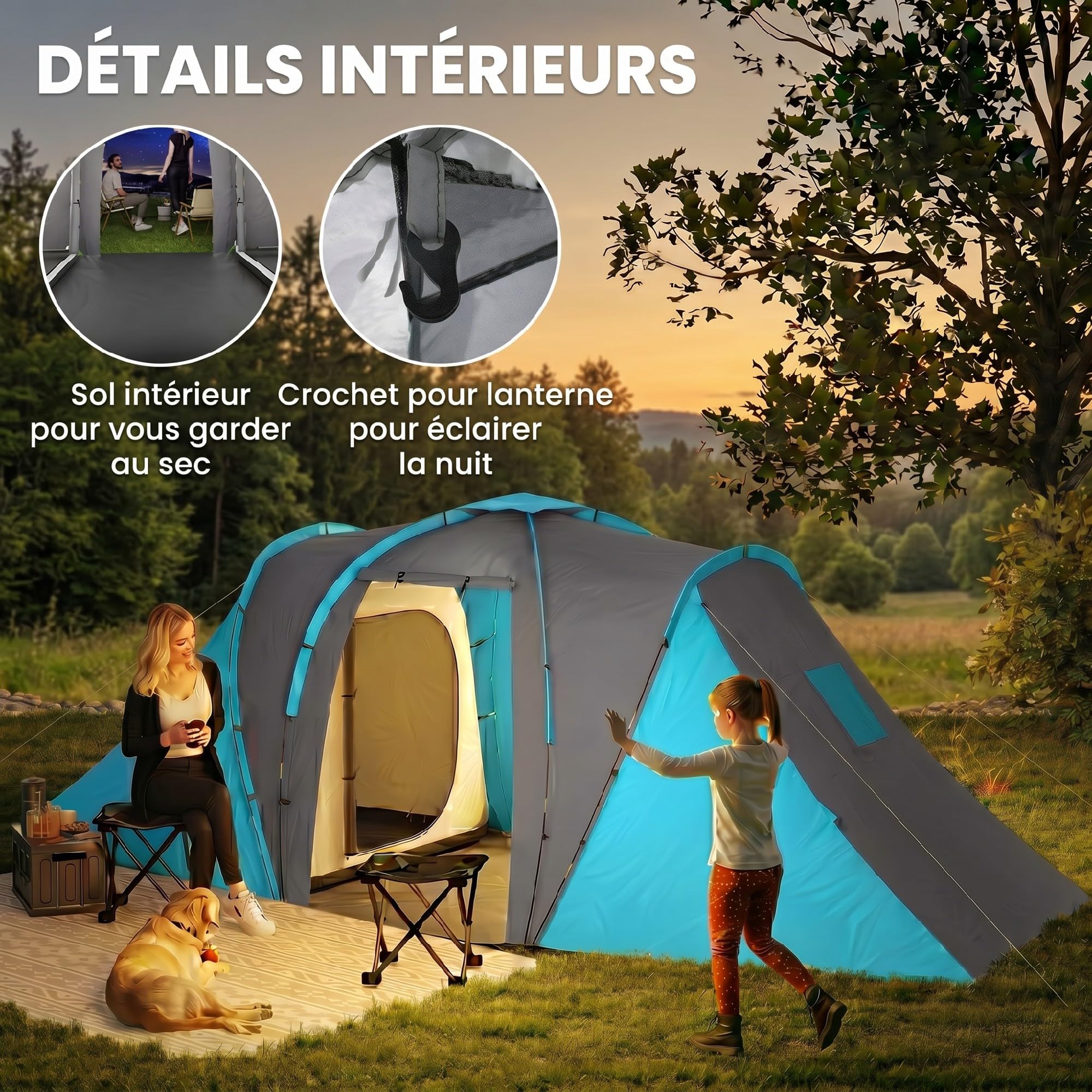 Outsunny Tenda a tunnel ventilata 4-6 Pers. 5,55 x 2,25 x 1,9 m, blu e grigio scuro | Campeggio familiare, 4 posti, leggero, 2 porte grandi, montaggio semplice, fibra di vetro e poliestere