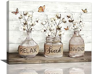 Farmhouse Bathroom Decor Wall Art Rustic Cotton Pictures Canvas Print Country Relax Soak Unwind Sign Artwork Modern Home Decor for Bathroom Framed Ready to Hang 12"x16"