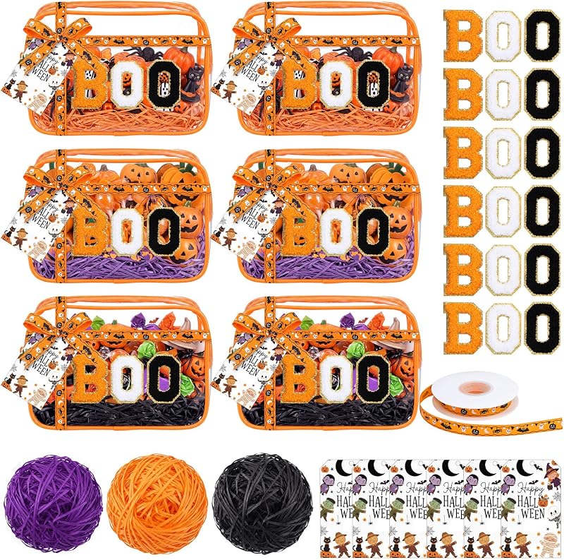 Kit Sunnymove com 6 necessaires transparentes com zíper para Halloween, enchimento de ráfia, etiquetas e patches bordados