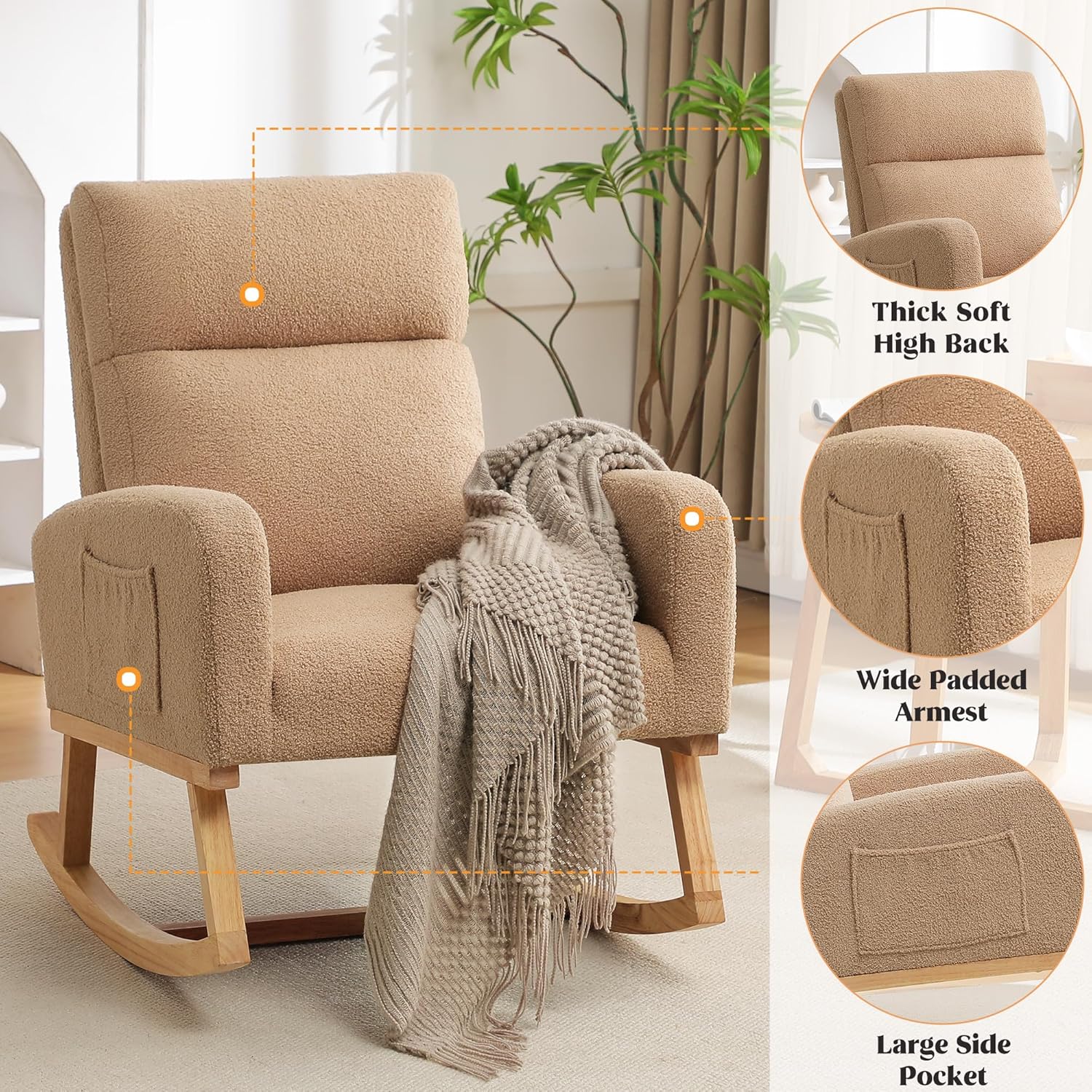 HCHAIRH Rocking Chair Nursery, Sherpa Nursing Rocking Chairs, Upholstered Nursery Glider Rocker for Mom Nursery Morden Accent Rocking Chair with Side Pocket for Living Room,Bedroom,Teddy Camel